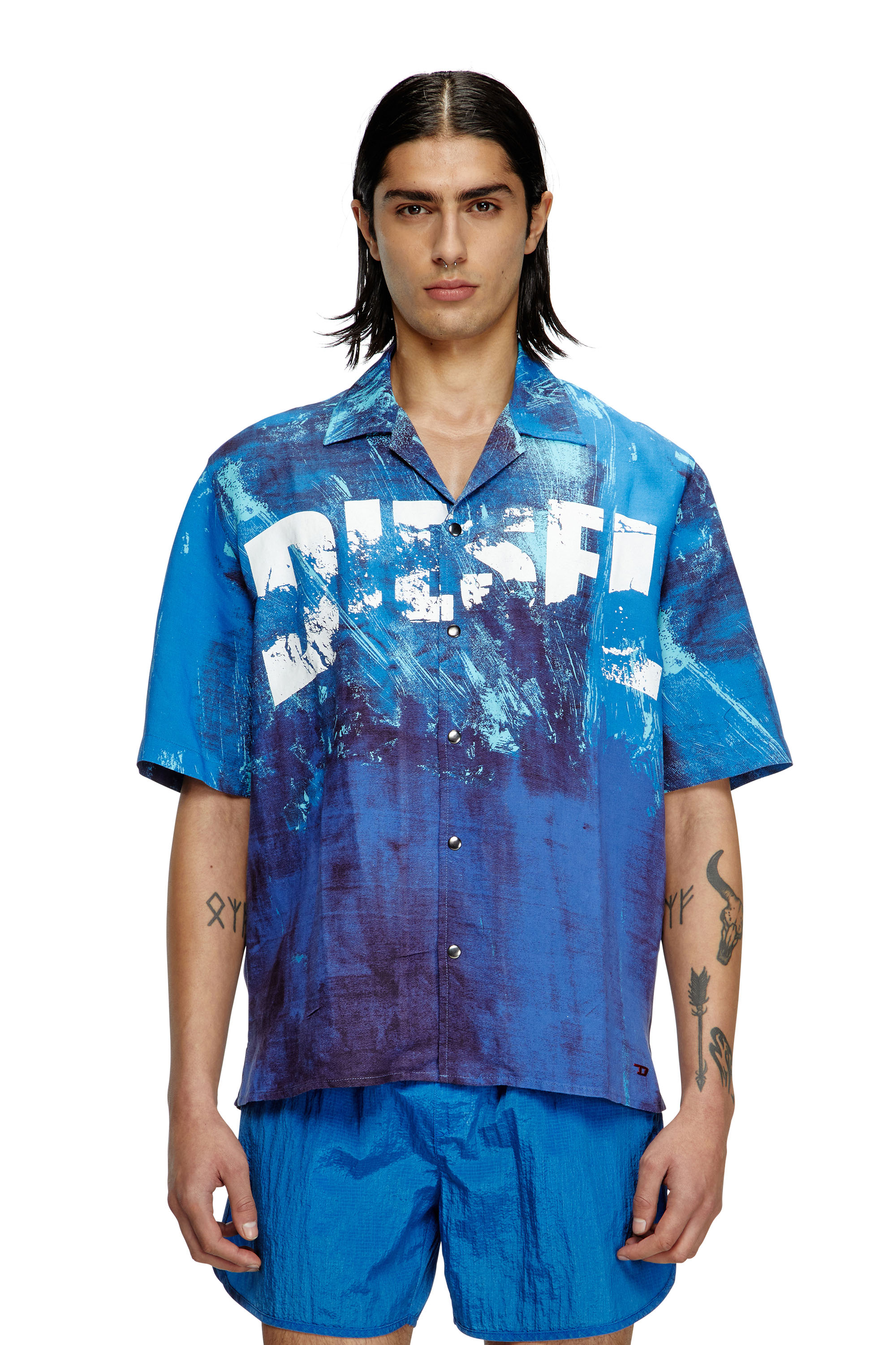 Diesel - CHARLES-D-POP, Male's Printed beach shirt in linen blend in ブルー - 1