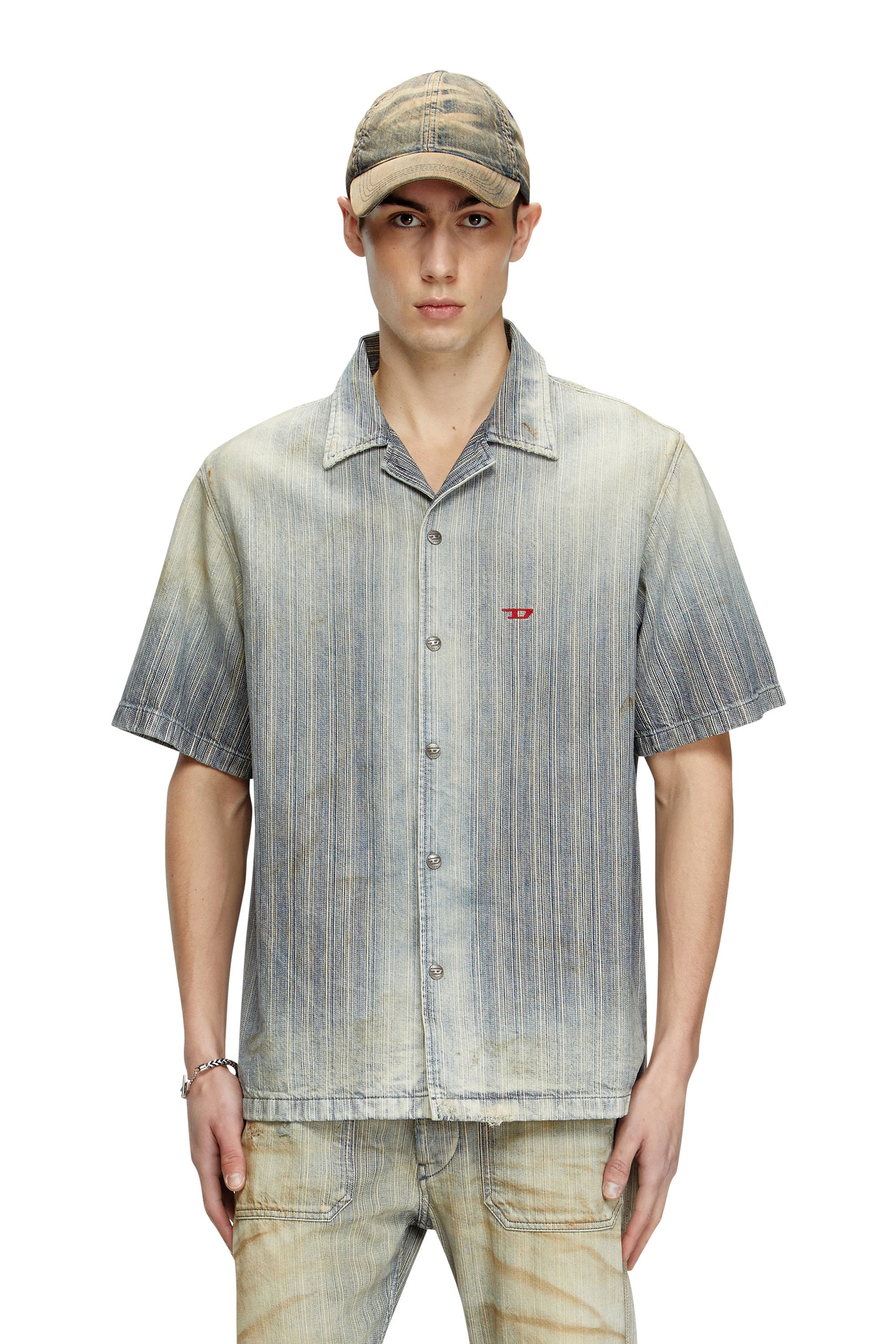 Diesel - D-NABIL-D, Male's Bowling shirt in striped indigo denim in ミディアムブルー - 1