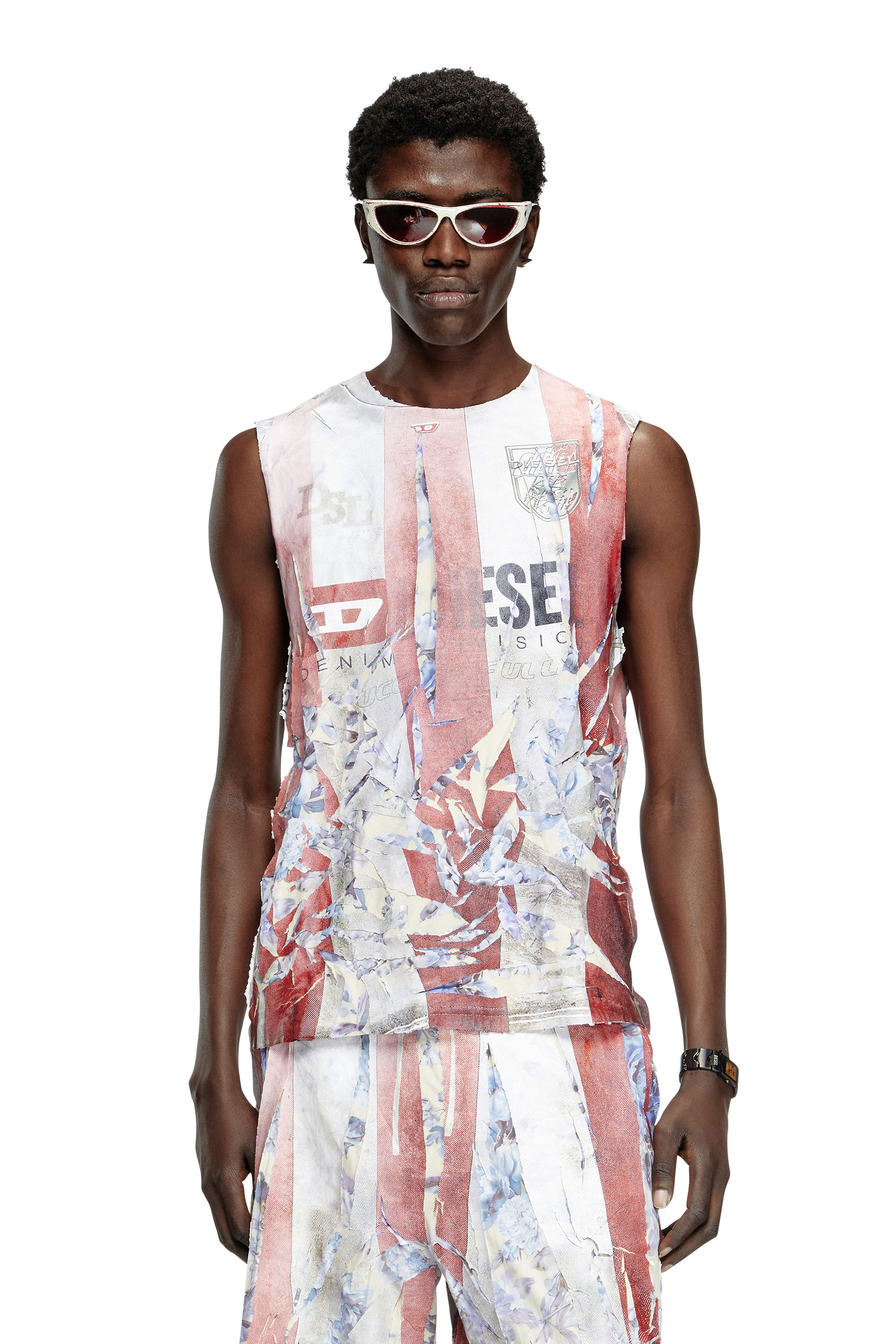 Diesel - T-PER-STRIPE, Unisex's Floral tank top with cracked logo print in レッド/ホワイト - 3