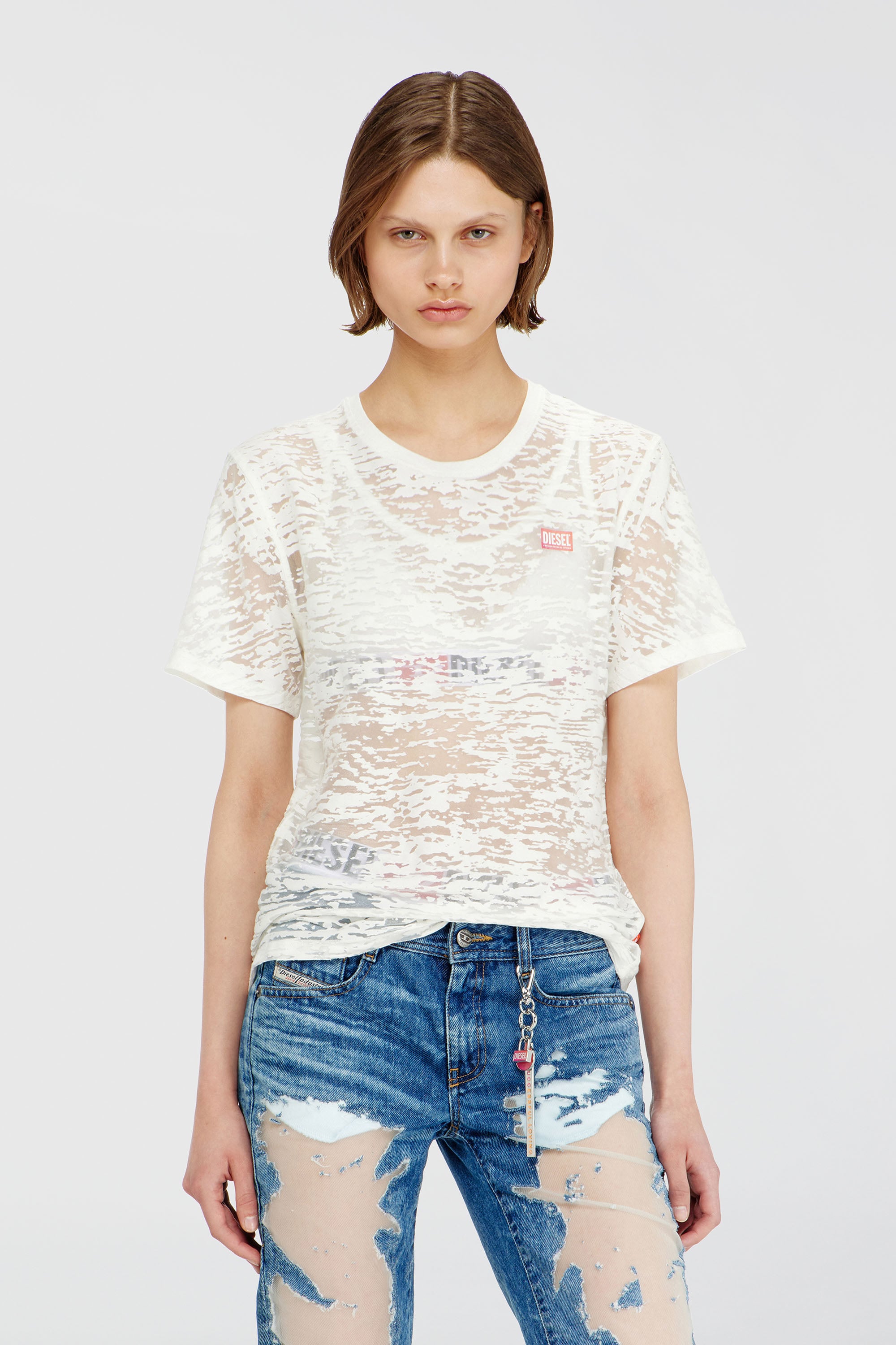 Diesel - PR-T-NOTS-MATI-R, Unisex's T-shirt in all-over devor&eacute; jersey in ホワイト - 1