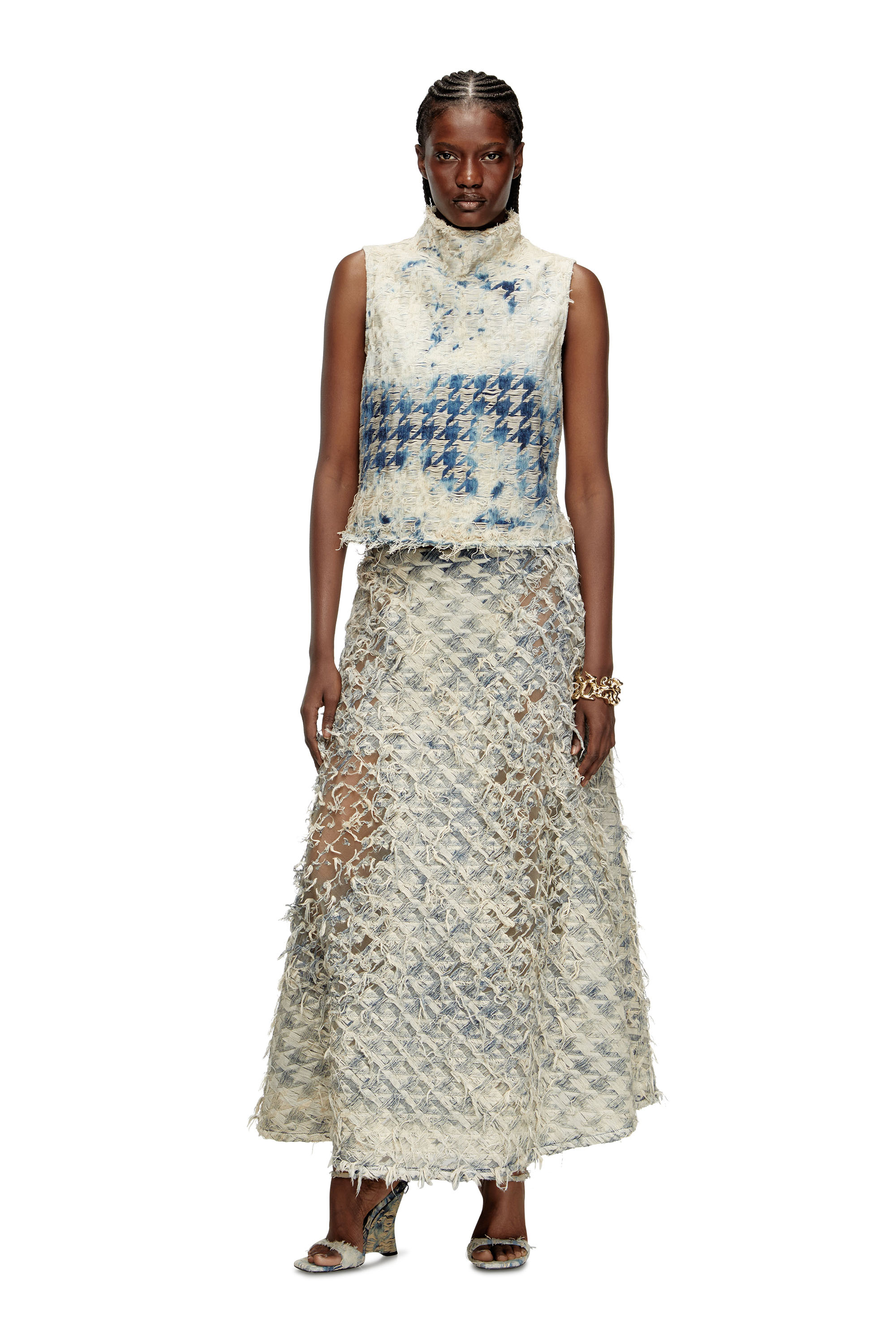 Diesel - DE-TAPI-FSH2, Female's Sleeveless top in houndstooth-weave denim in ミディアムブルー - 1