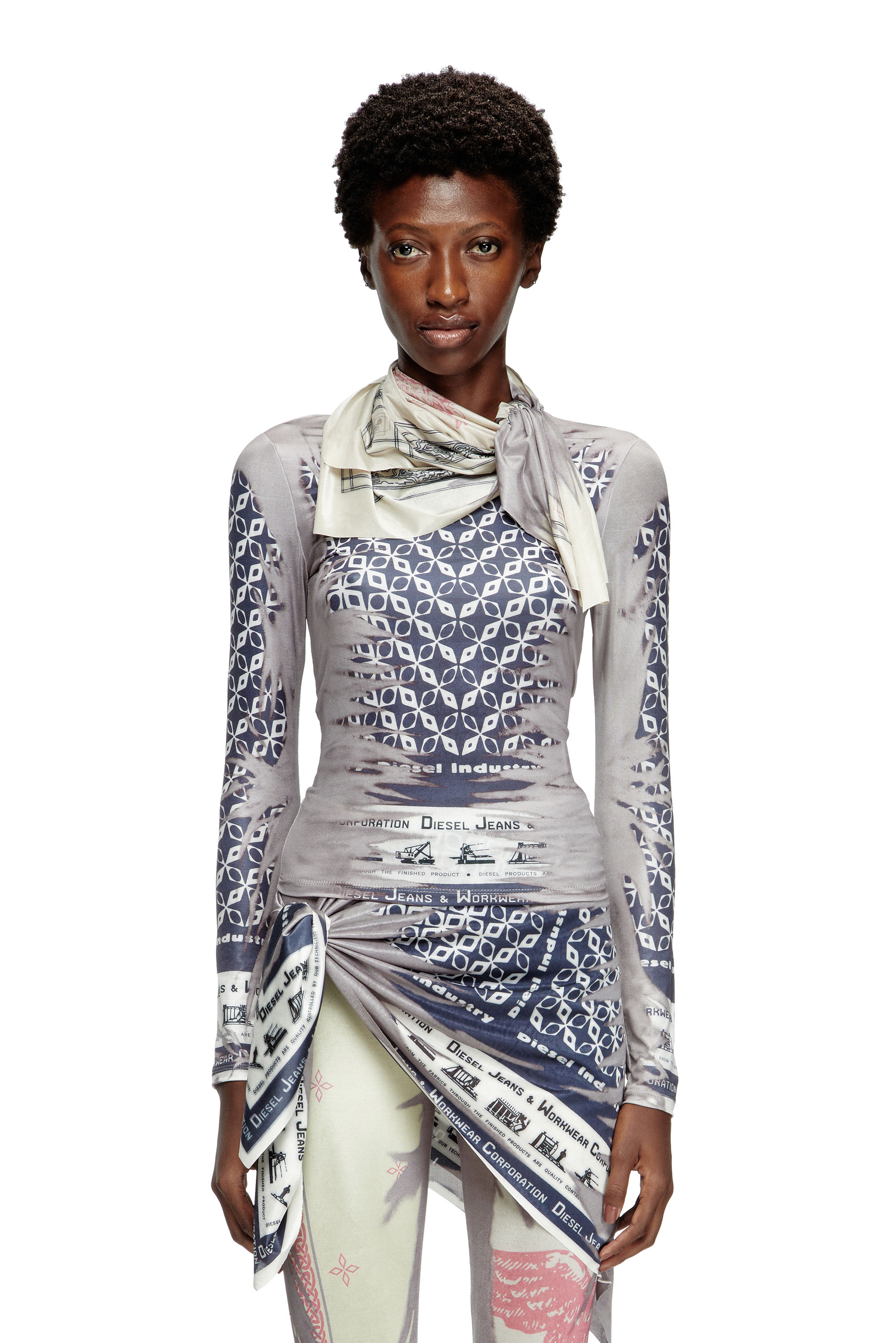 Diesel - T-ANDA, Female's Top with bandana neck tie in ブルー/ホワイト - 1