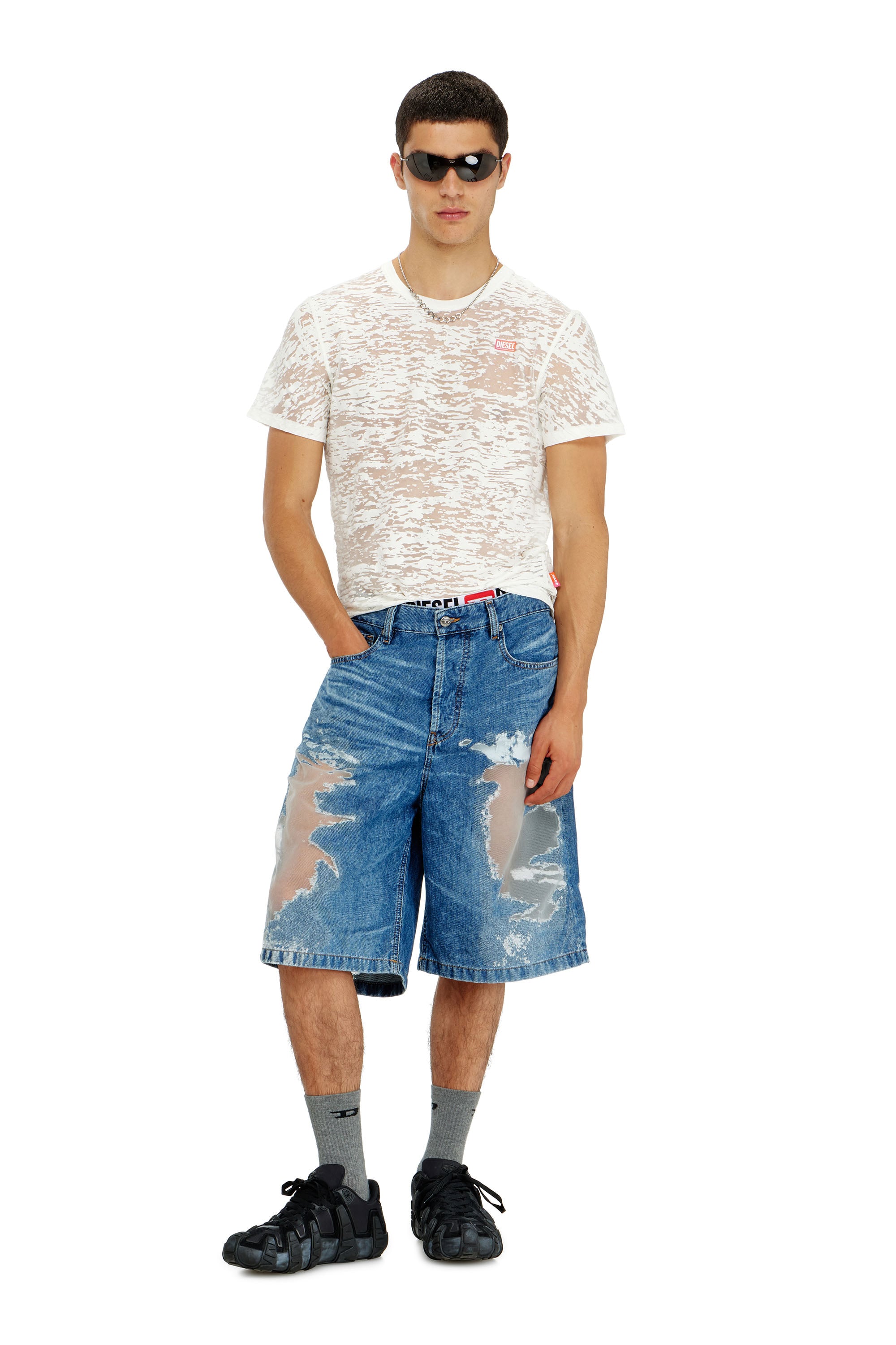 Diesel - PR-T-NOTS-MATI-R, Unisex's T-shirt in all-over devor&eacute; jersey in ホワイト - 3