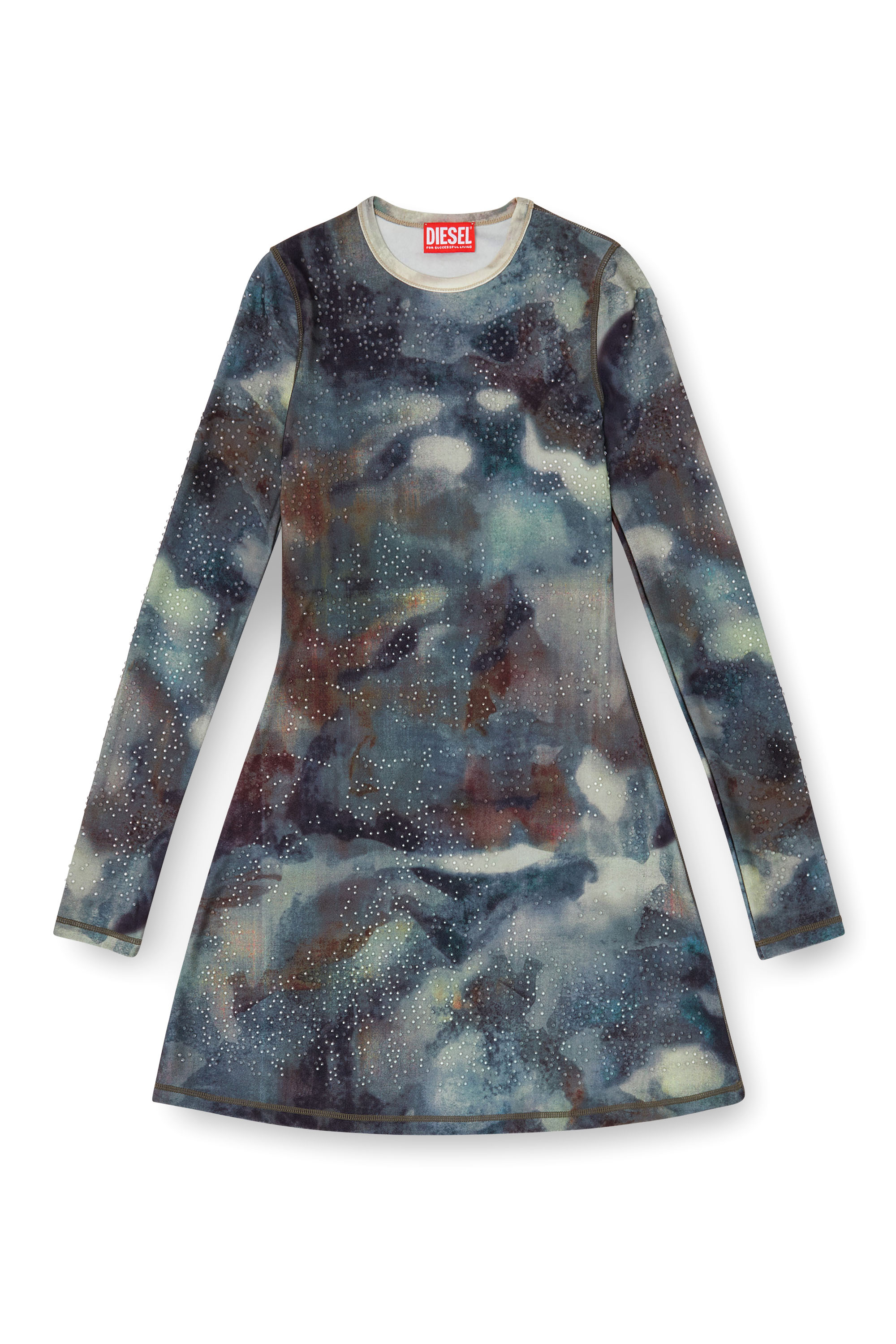 Diesel - D-UPLO, Female's Printed mini dress with crystal details in ブルー/ブラウン - 3
