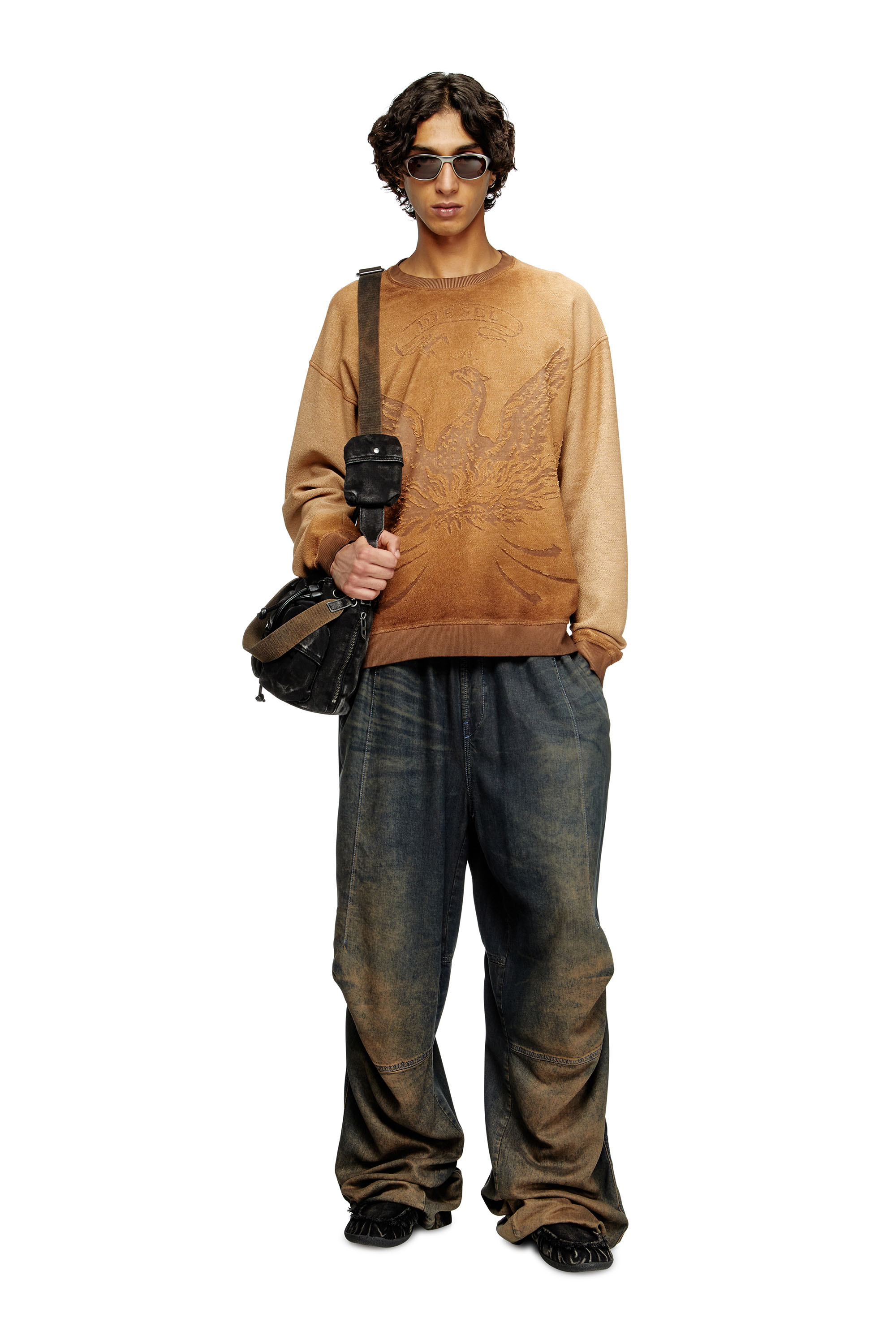 Diesel - S-ARON, Male's Faded sweatshirt with devoré Phoenix logo in ブラウン - 2