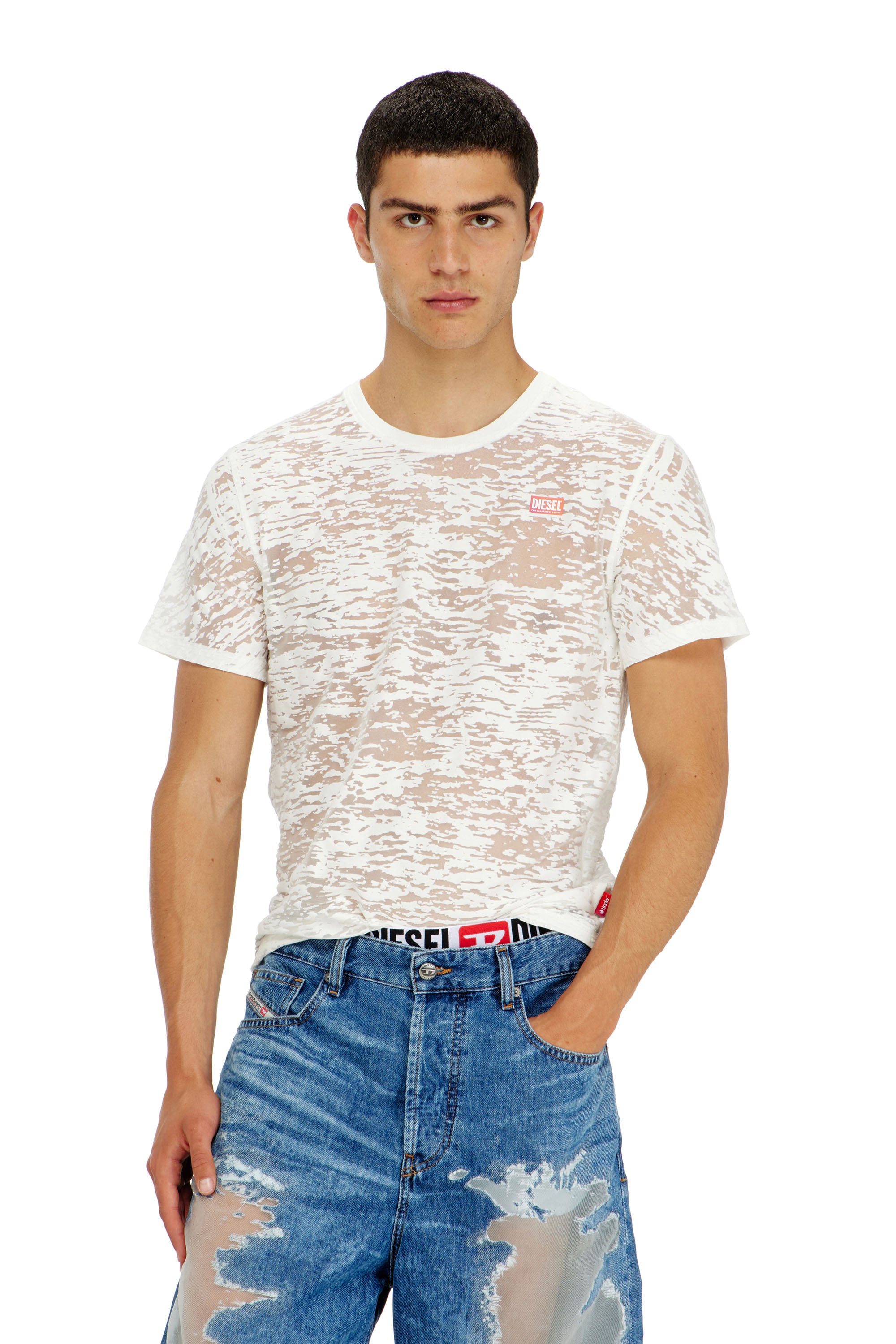 Diesel - PR-T-NOTS-MATI-R, Unisex's T-shirt in all-over devor&eacute; jersey in ホワイト - 3