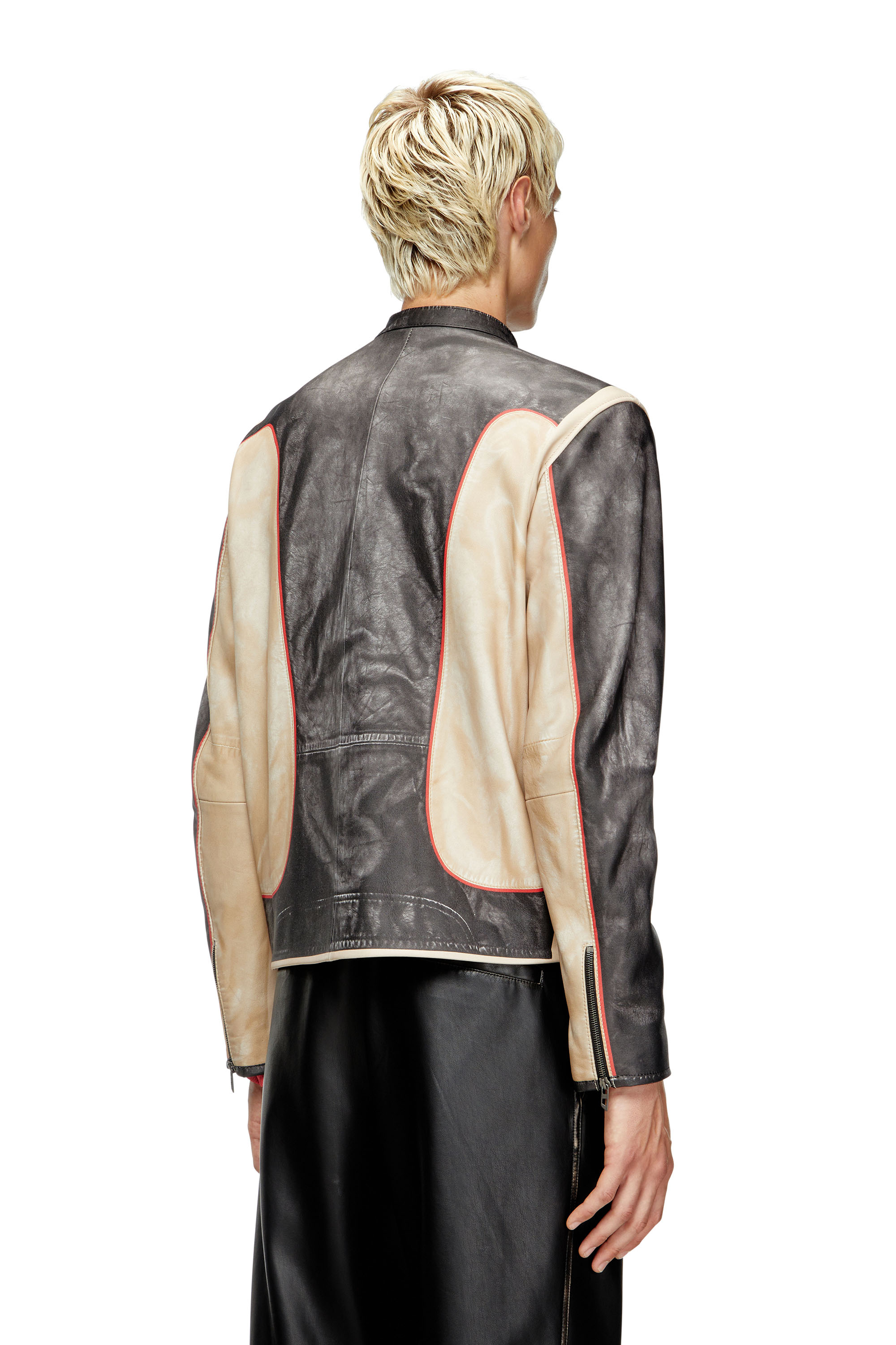 Diesel - L-EVERT, Male's Trompe l'oeil-effect leather biker jacket in ベージュ/ブラック - 4