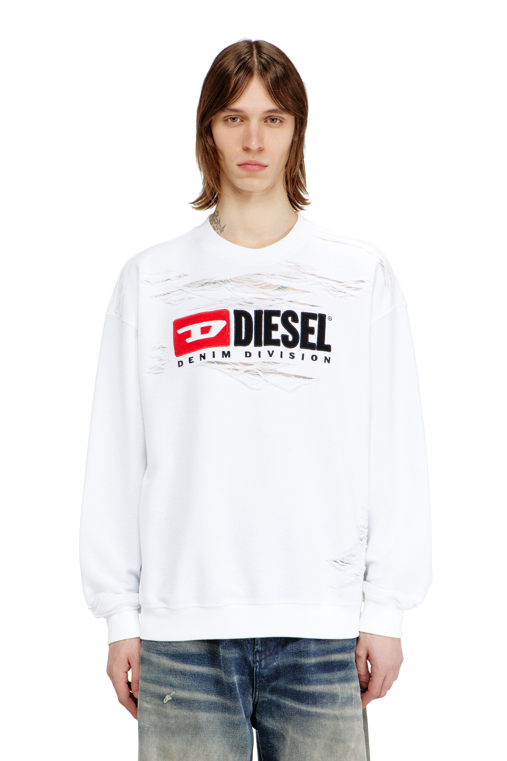Diesel - S-BOXT-V1, Male's Sweatshirt with devor&egrave;e floating threads in ホワイト - 3