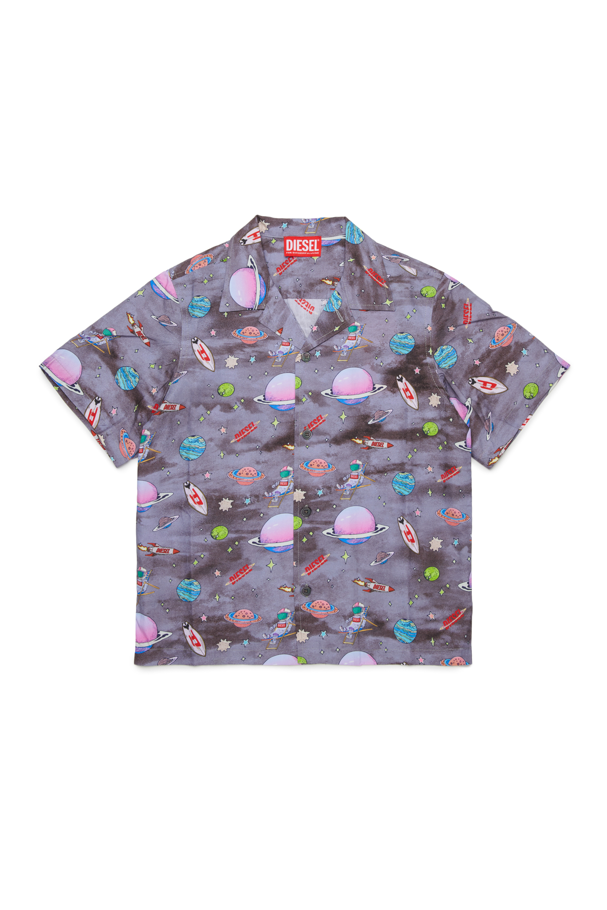 Diesel - MCSPACE, Male's Cotton bowling shirt with all-over space print in ブラック/バイオレット - 1