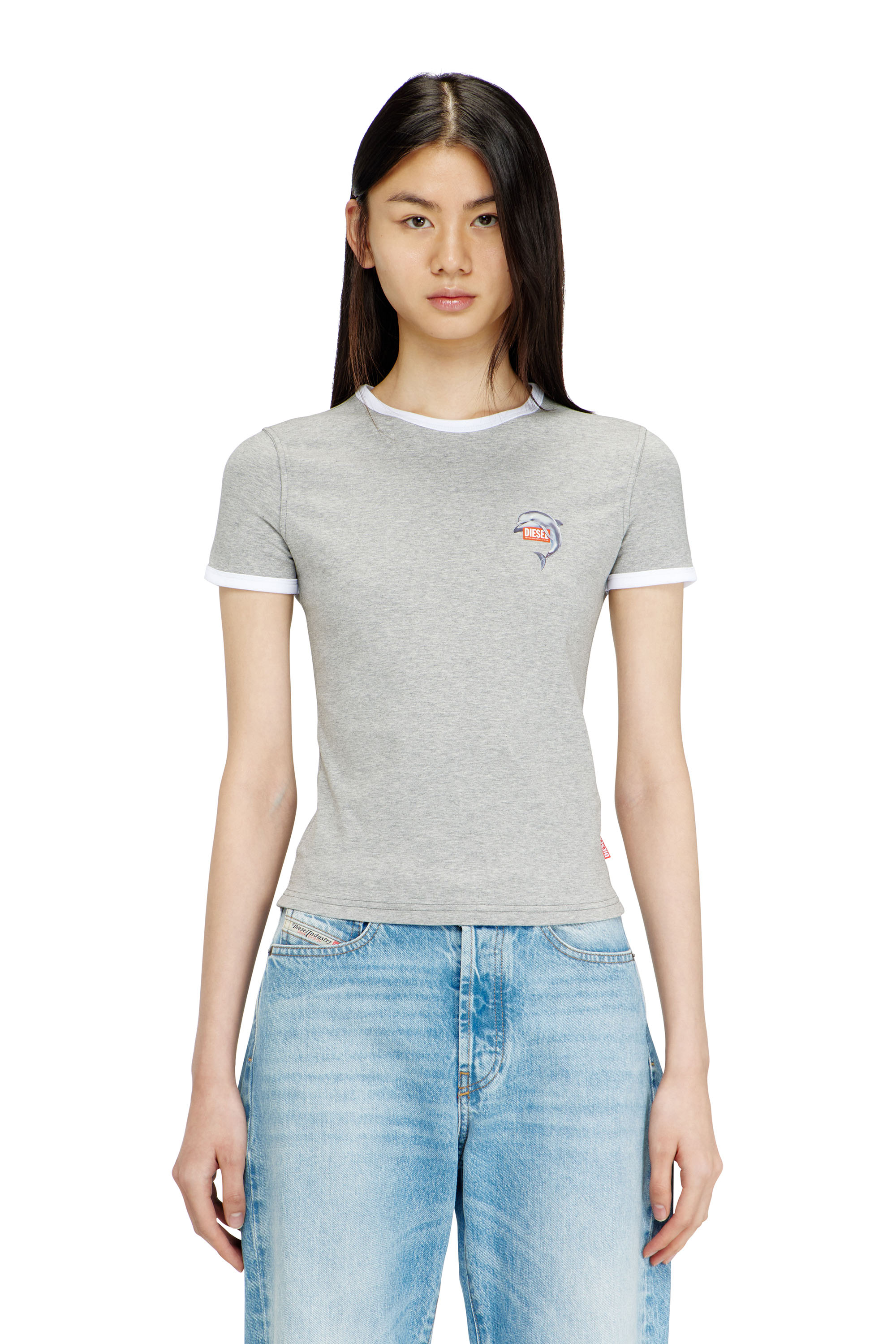Diesel - T-UNCUTIES-LONG-S13, Female's Slim ring T-shirt with dolphin print in グレー - 1