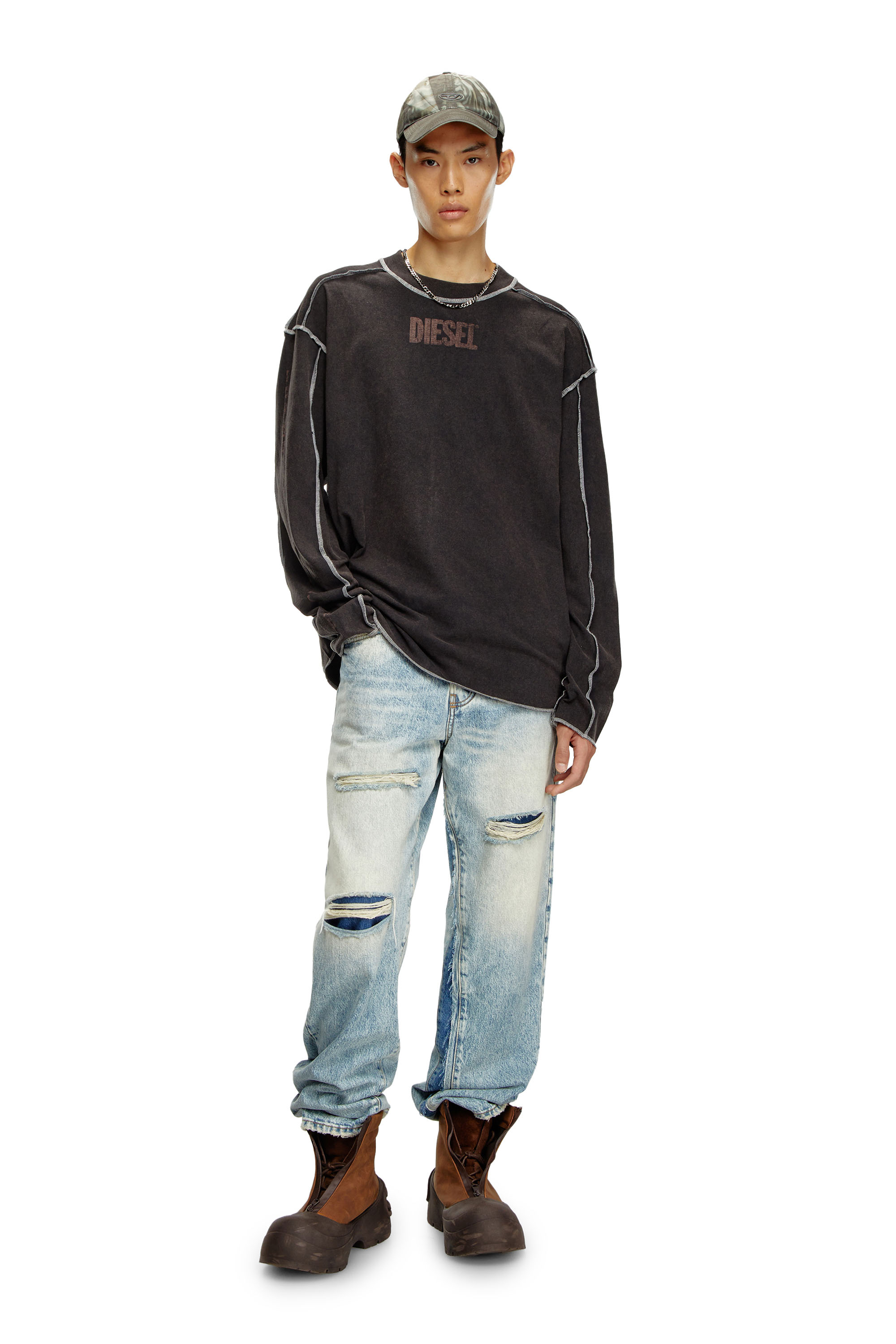 Diesel - T-CRAOR-LS, Male's Long-sleeve T-shirt with inside-out effect in ダークグレー - 1