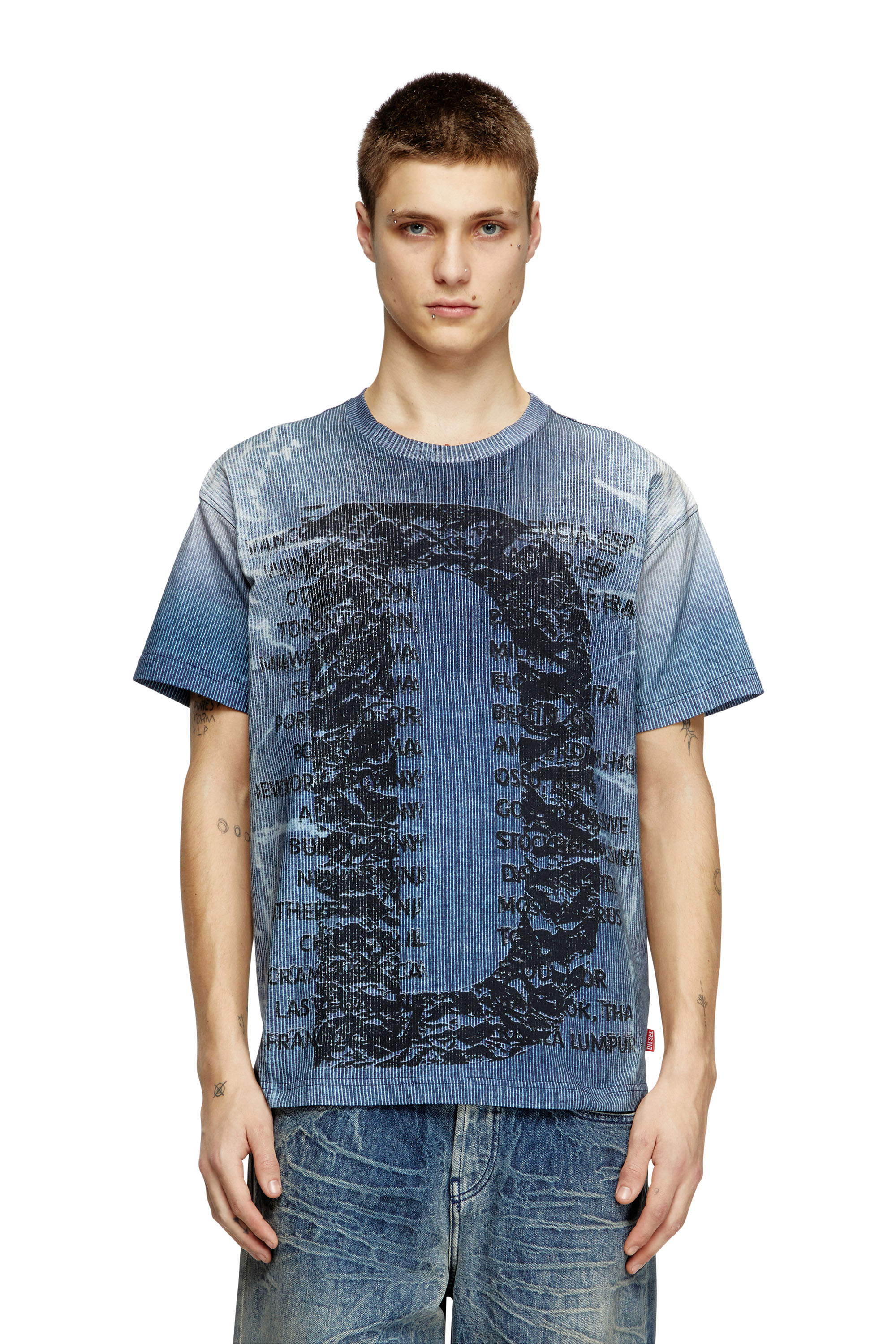 Diesel - T-NORM-R2, Male's T-shirt with rib-knit D print in ブルー - 3