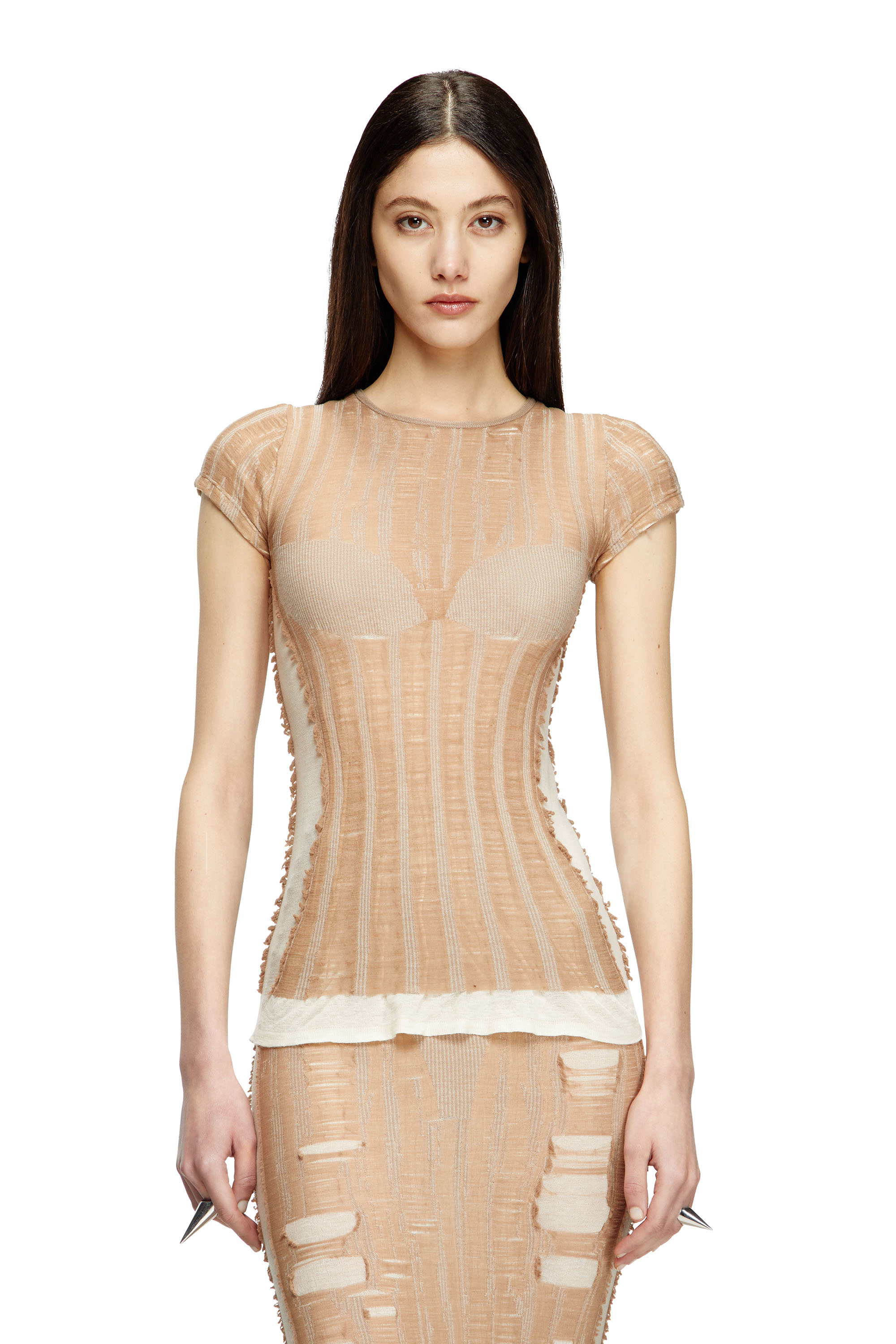 Diesel - M-CALAI-SS, Female's Seamless T-shirt with lingerie illusion in ベージュ - 3