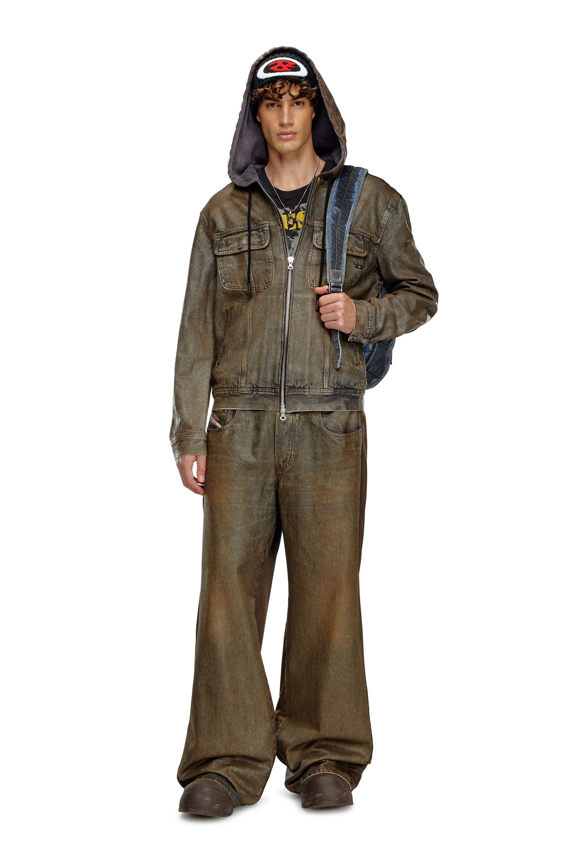 Diesel - D-GROSS-S1, Male's Hooded jacket in coated denim in Brown - 1