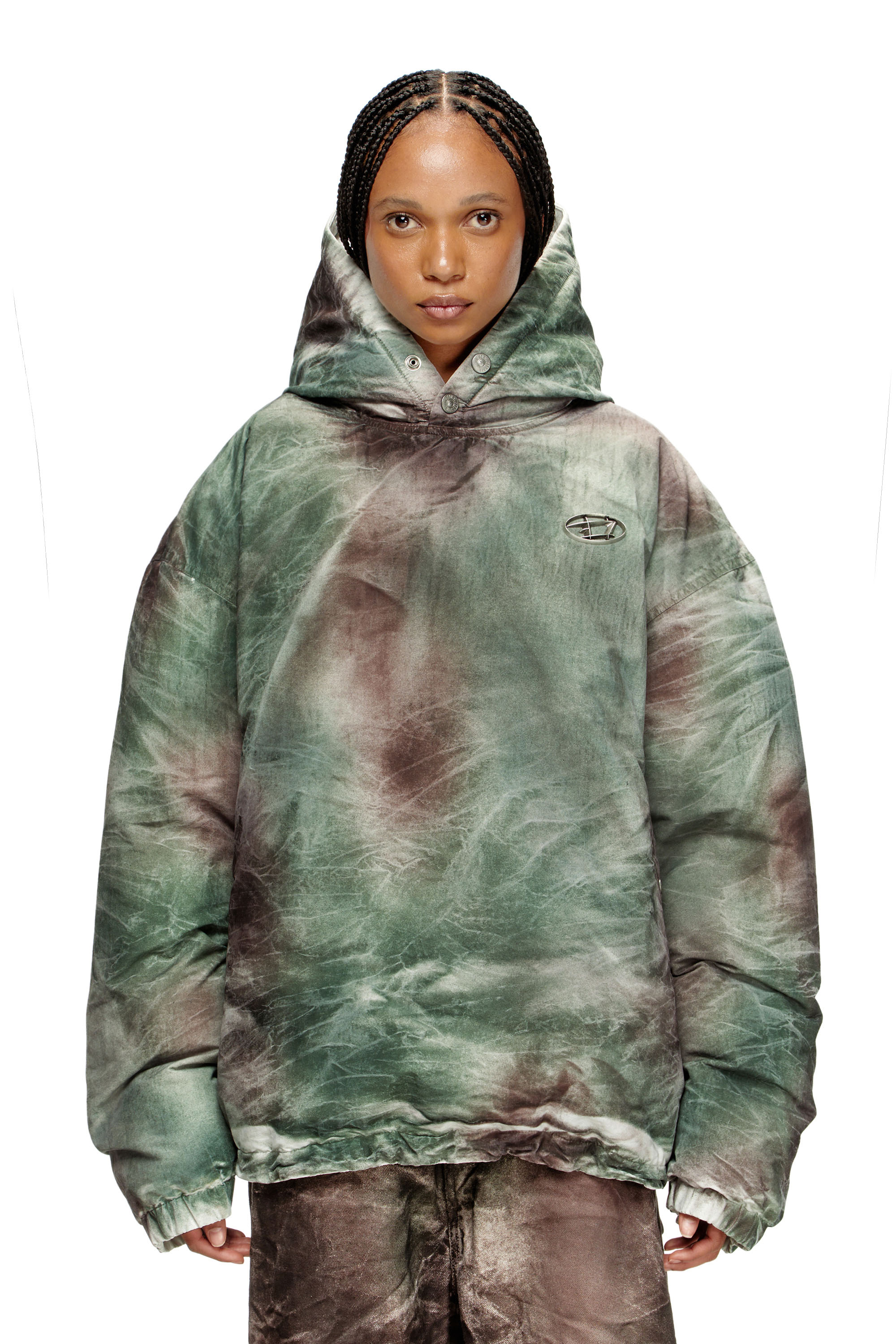Diesel - W-THUG-JKT-PUFFY, Unisex's Puffy hooded jacket in camo nylon in ブラウン/グリーン - 1