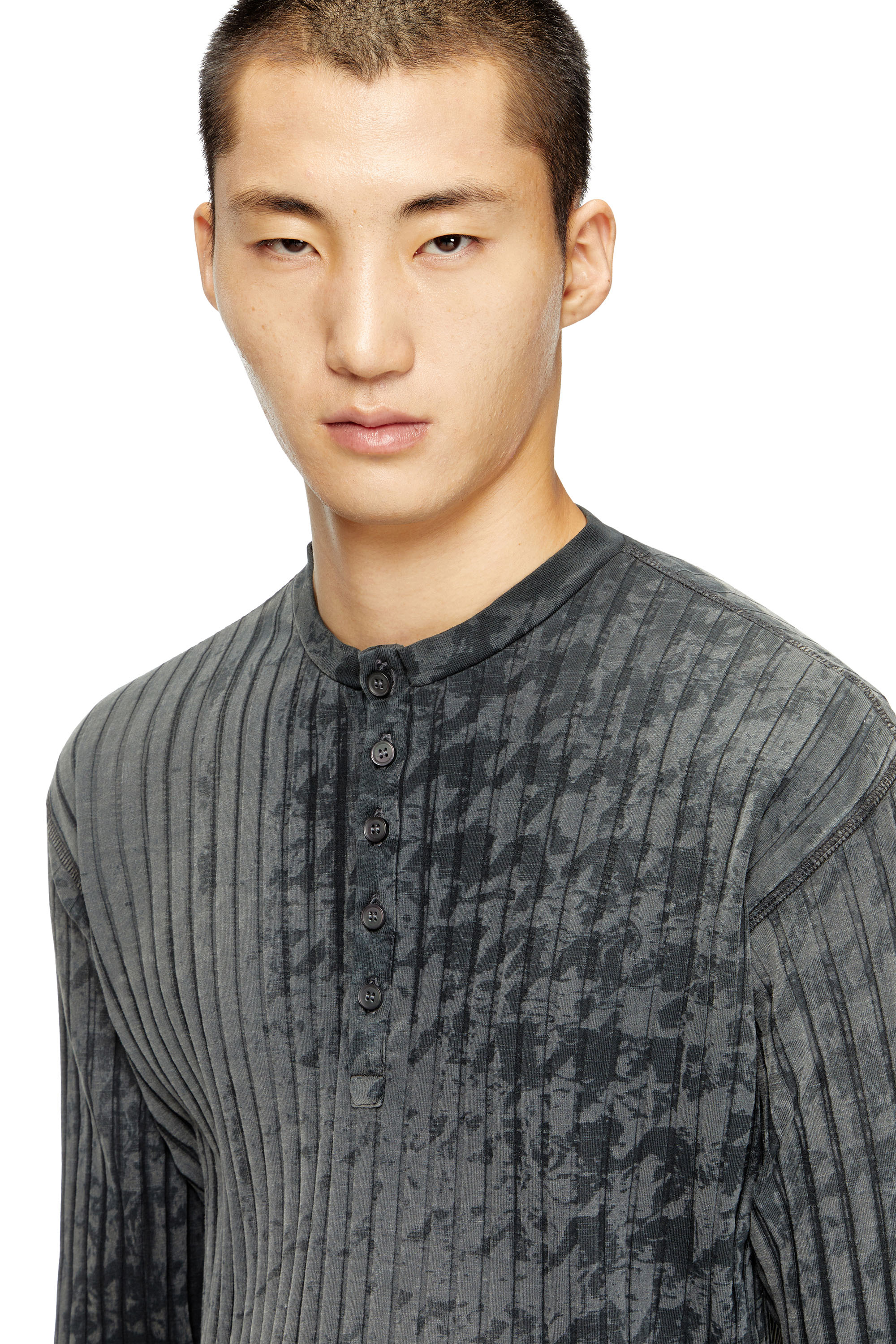 T-ALLY-PIE Ribbed Henley top with houndstooth motif｜ブラック