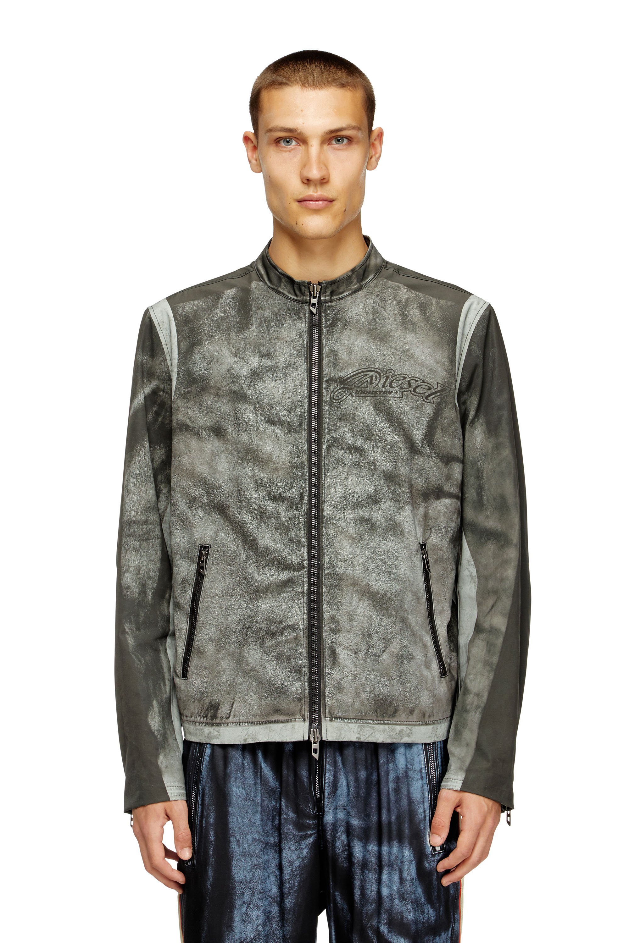 Diesel - J-EVERT, Male's Biker jacket in printed canvas in ダークグレー - 1