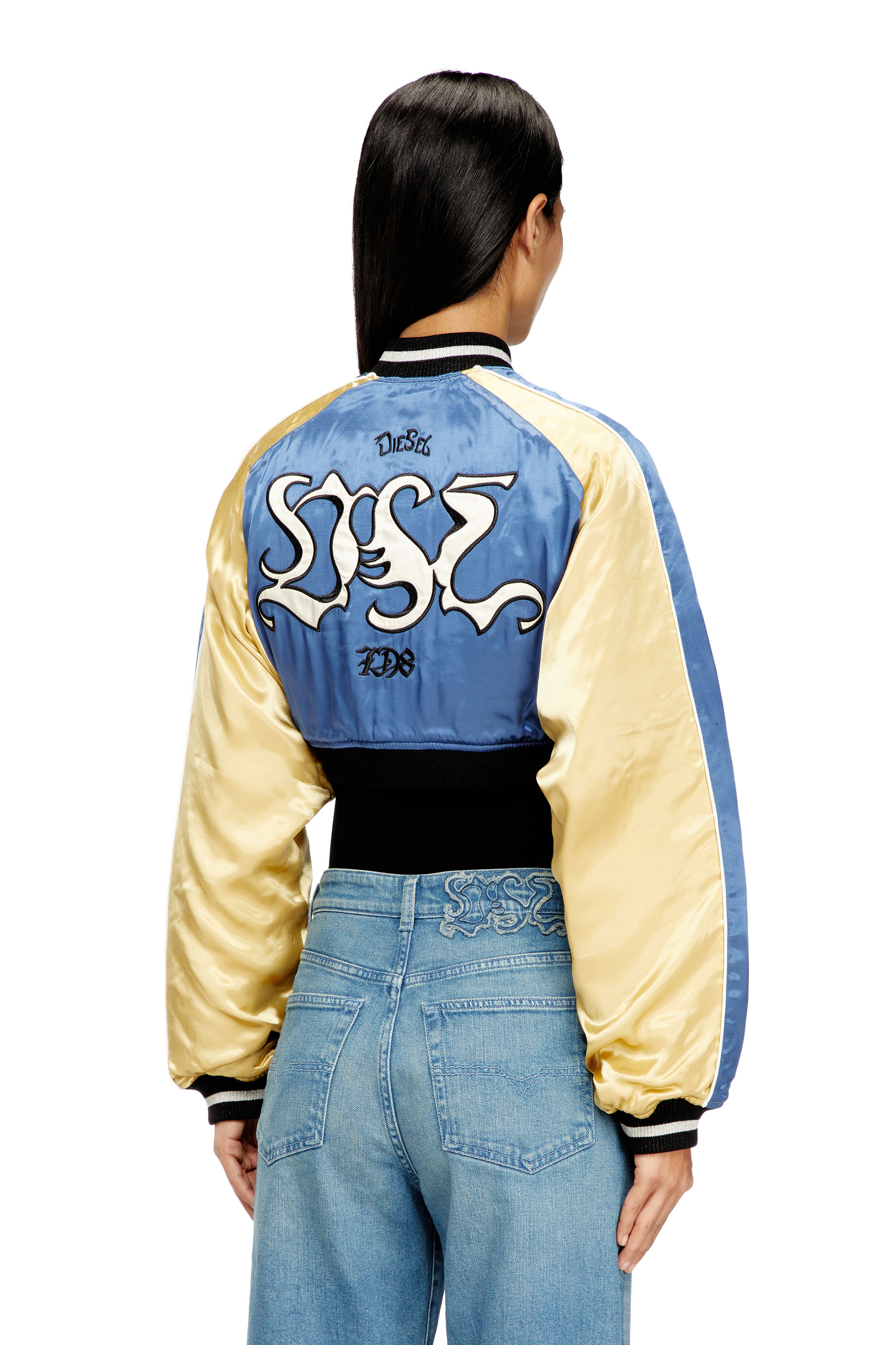 Diesel - G-OSPEL-CP, Female's クロップド サテン スーベニアジャケット in ブルー/イエロー - 5