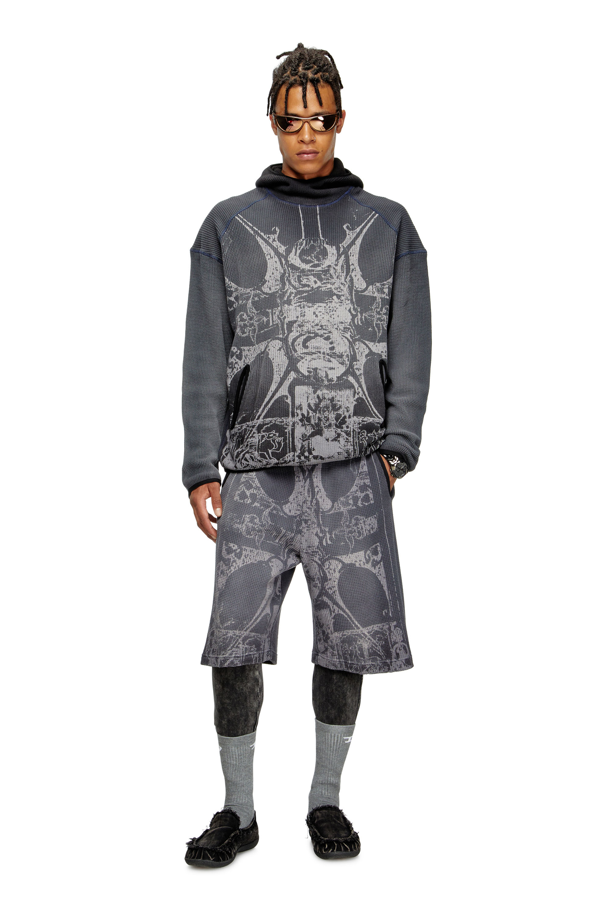 Diesel - S-WAF-HOOD-NEW, Male's Faded waffle hoodie with graphic print in ブラック - 2