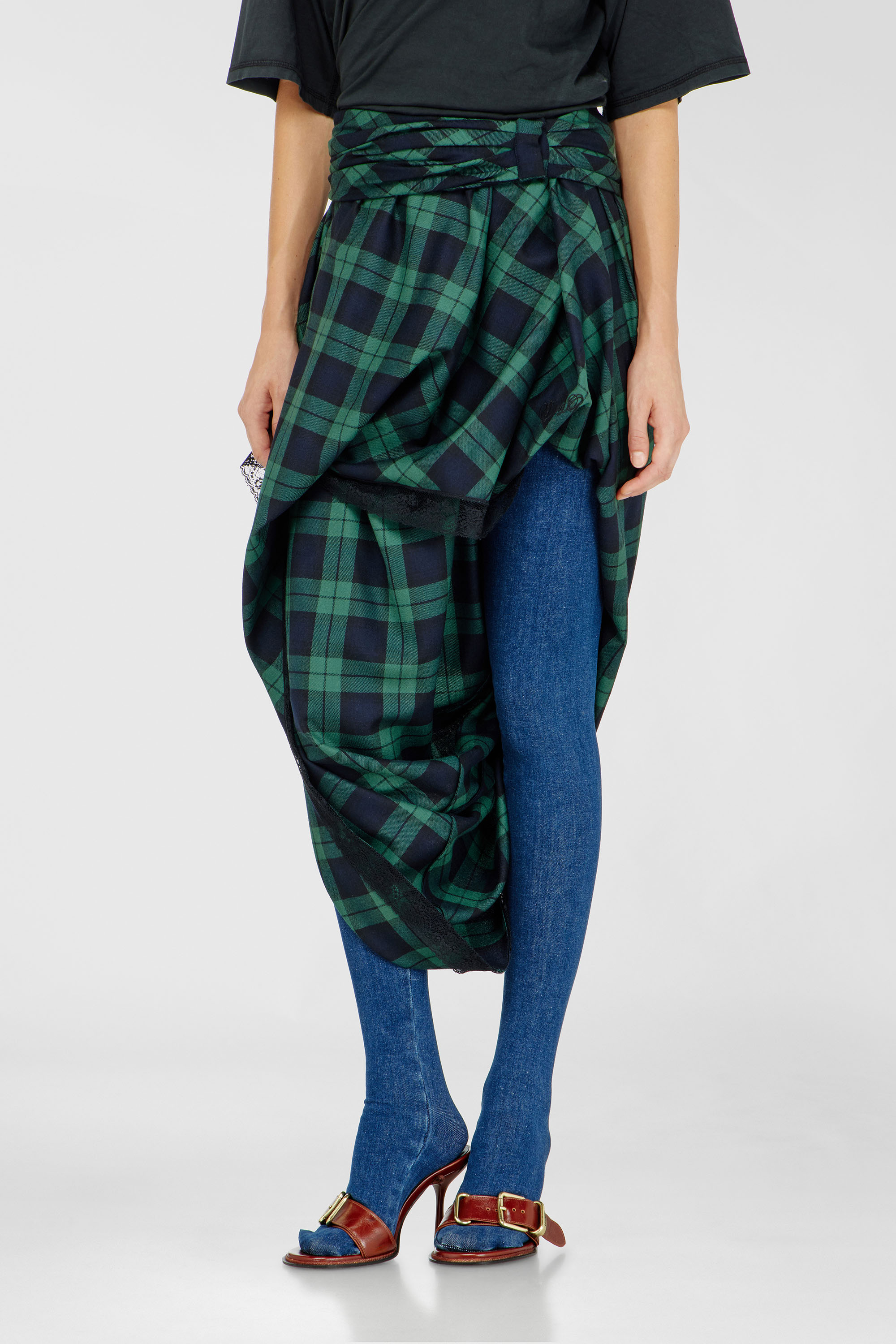 Diesel - O-WINNY, Female's Draped tartan midi skirt with lace trim in グリーン/ブルー - 1