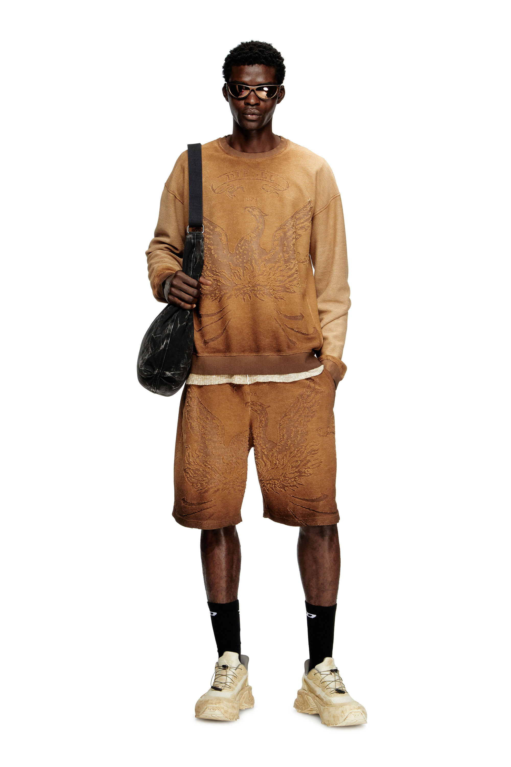 Diesel - P-CROWDE, Male's Sweat shorts with phoenix devoré in ブラウン - 2