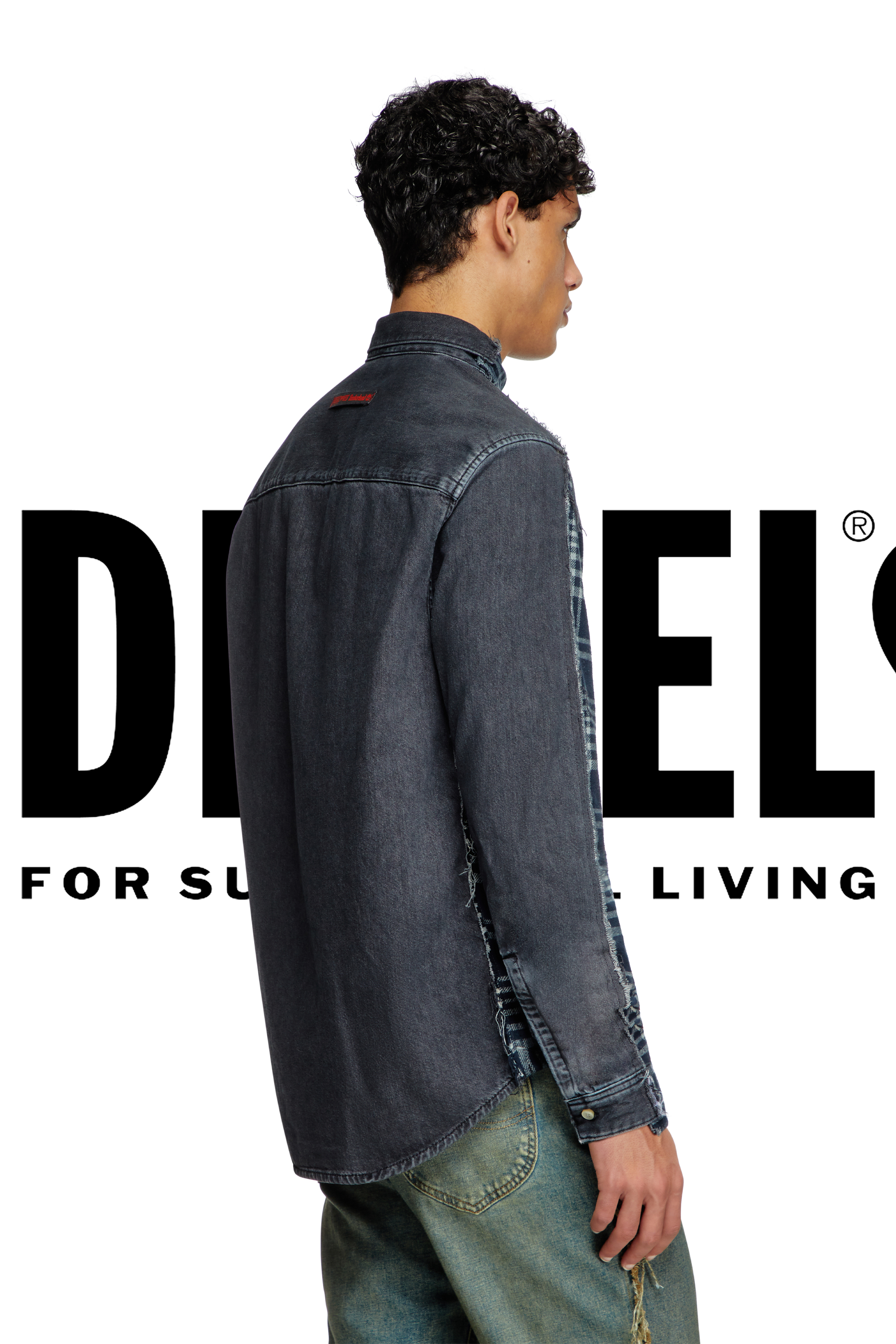 Diesel - Shirt Dieseloves 6B, Unisex's Overdyed check and denim shirt in ブルー/ブラック - 4