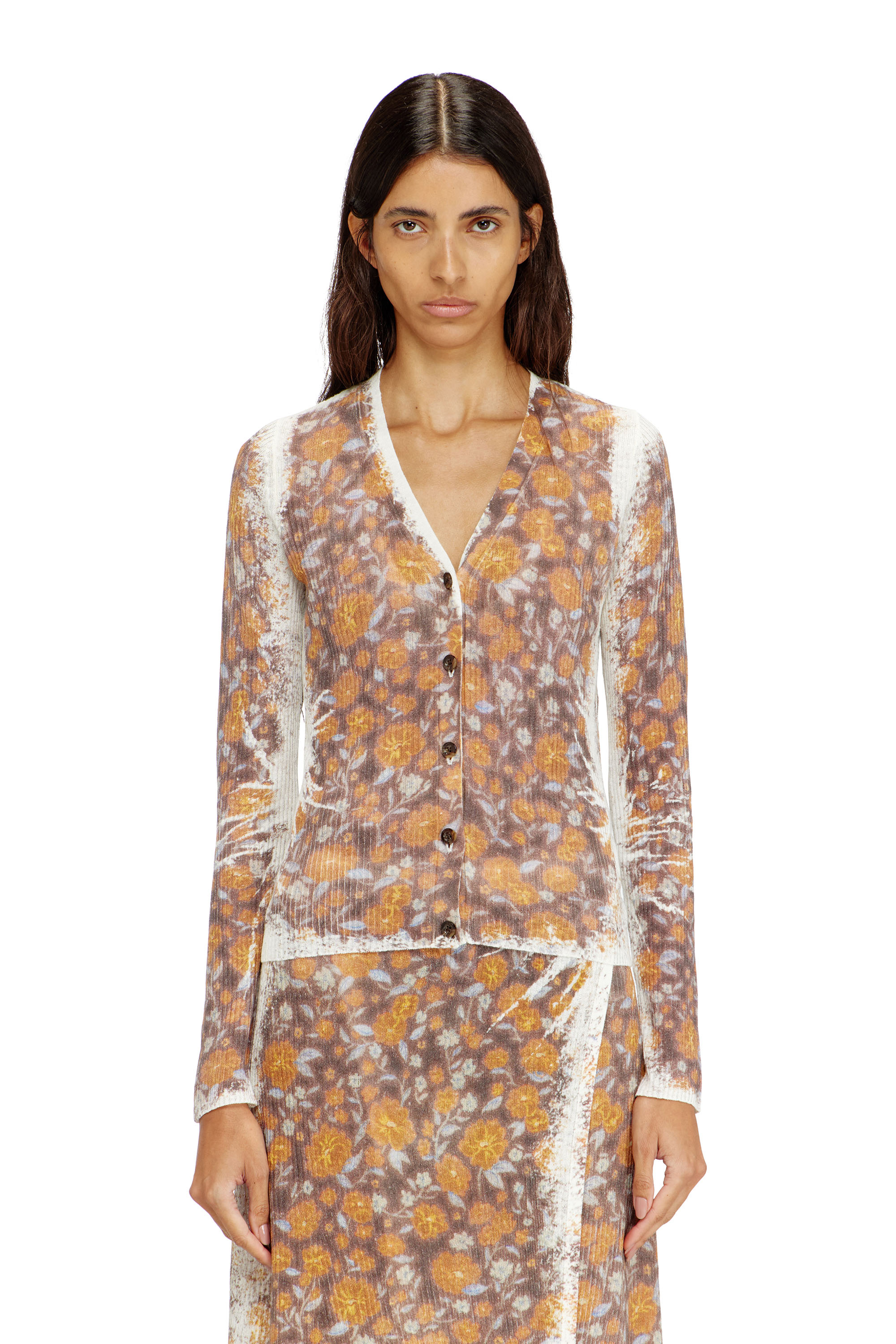 Diesel - M-BLOMIEN, Female's Floral-print cardigan in linen knit in ブラウン - 3