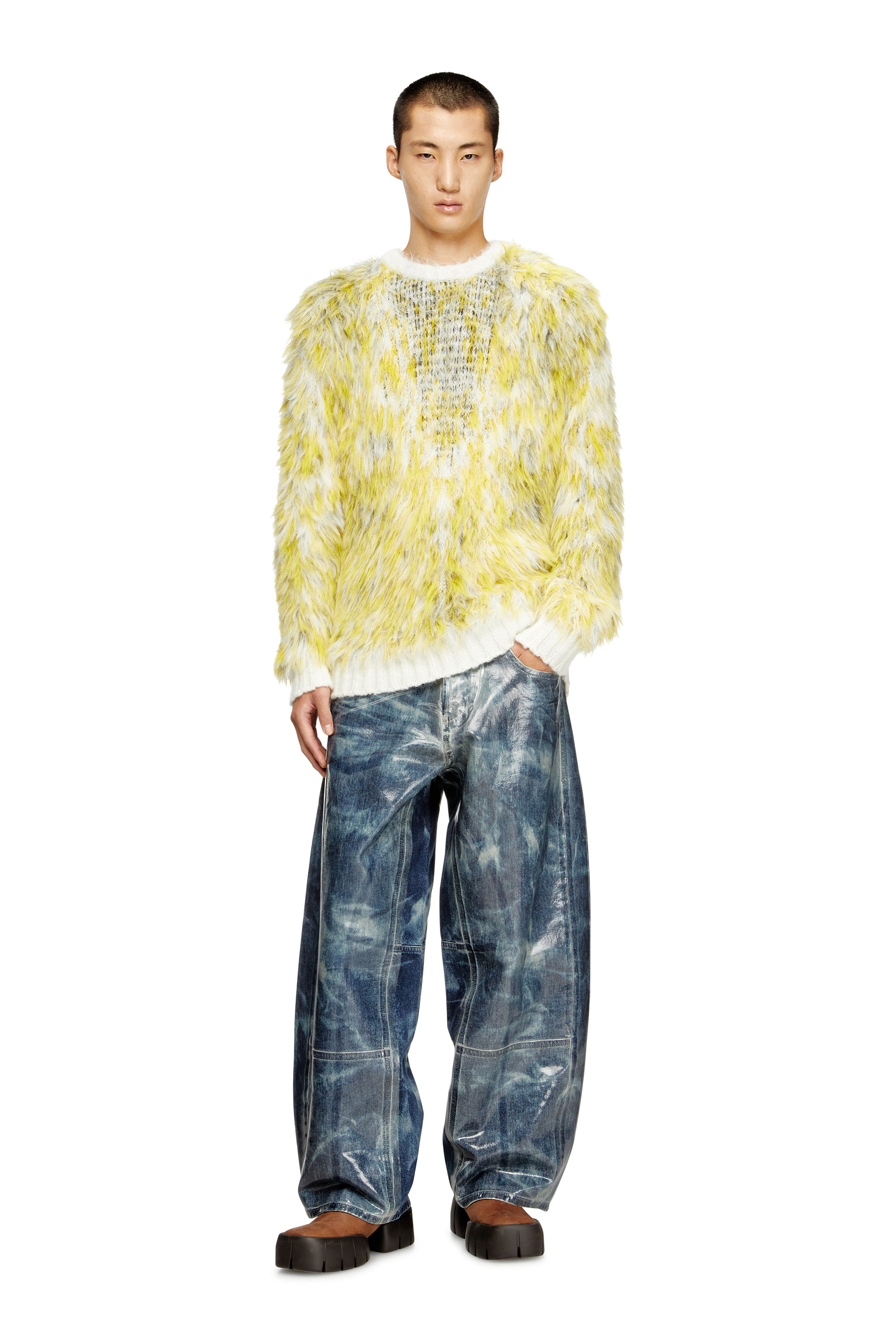 Diesel - K-ALLEN, Male's Jumper in fluffy jacquard knit in ホワイト/イエロー - 1