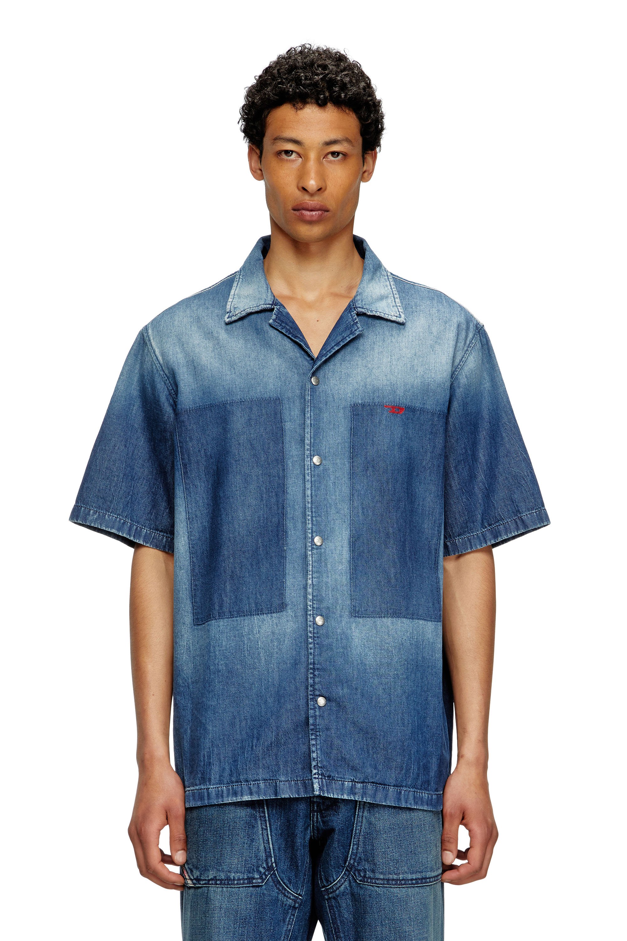Diesel - D-NABIL-D, Male's Bowling shirt in contrast-effect denim in ミディアムブルー - 1