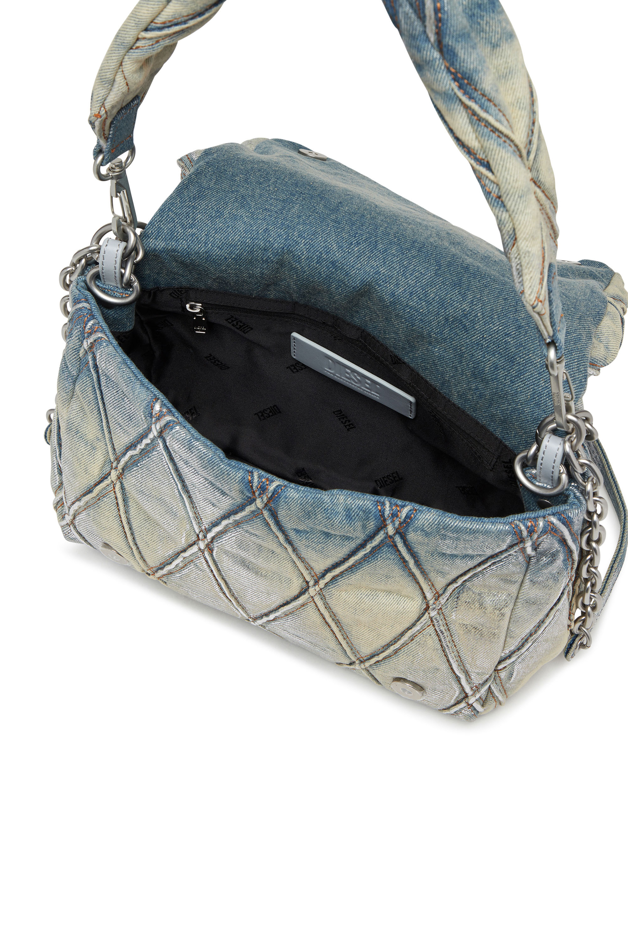 Diesel - CHARM-D SHOULDER M, Female's Charm-D M-Shoulder bag in metallic quilted denim in ライトブルー - 5