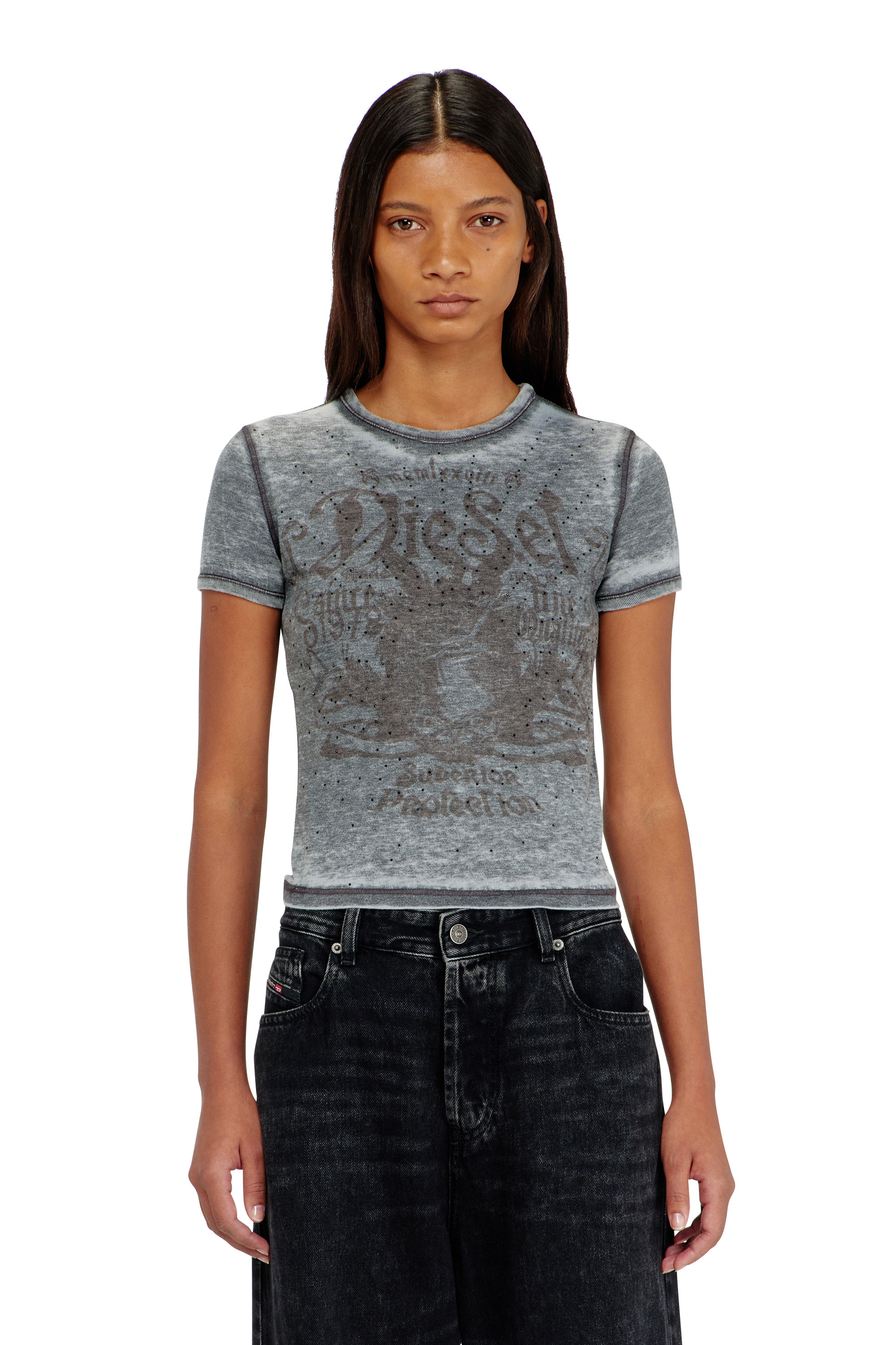 Diesel - T-UNCUTIES-LONG-AA3, Female's Tシャツ in ブルー/グレー - 1