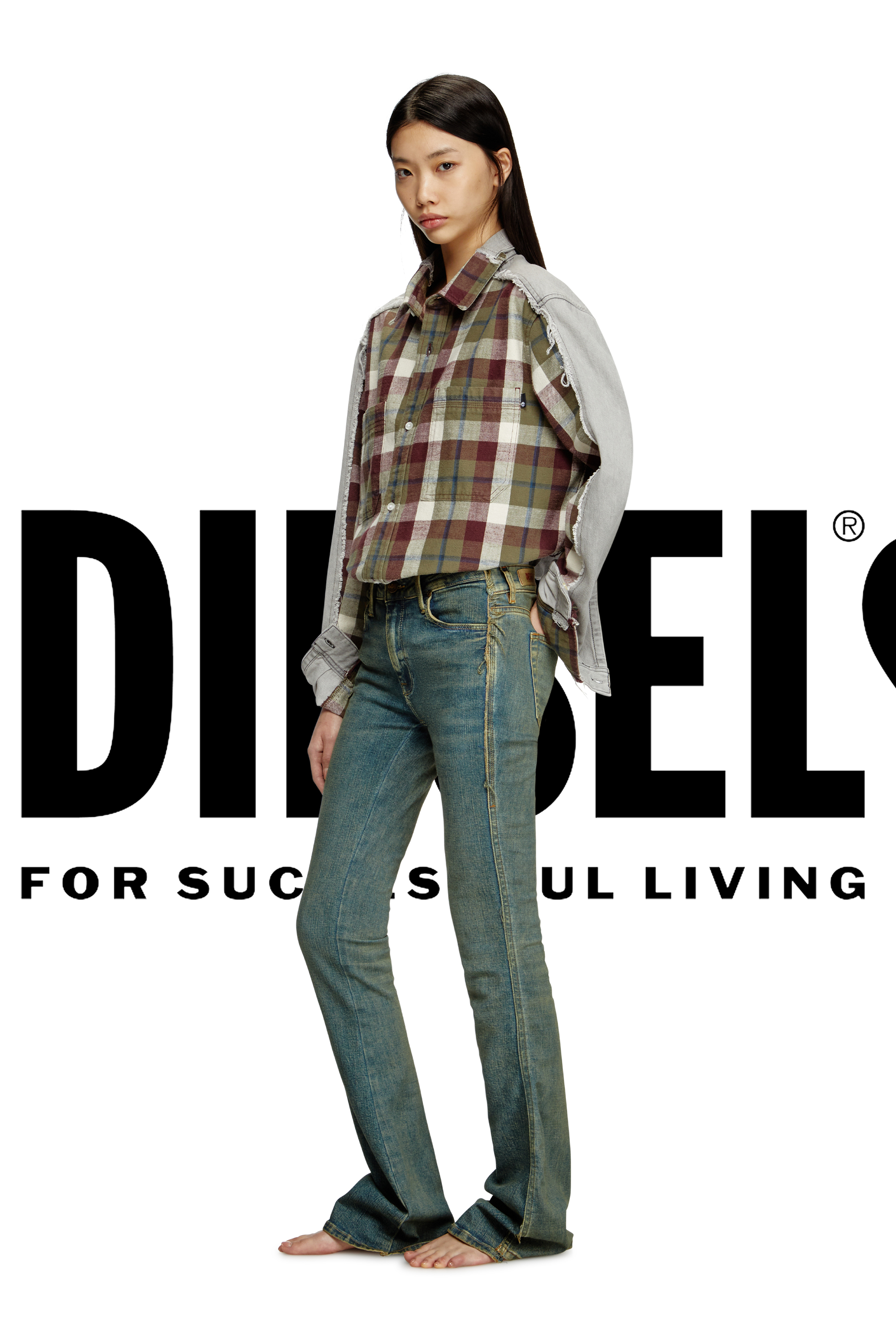 Diesel - Shirt Diseloves 8B, Unisex's Check and bleach-effect denim shirt in レッド/グレー - 1