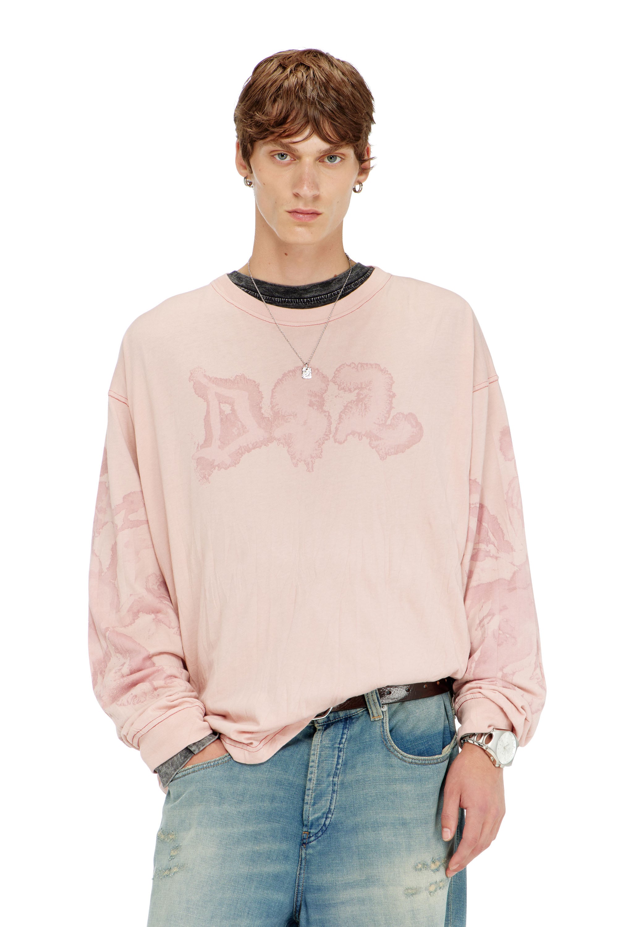 Diesel - T-BOXT-LS-AA4, Male's 長袖Tシャツ in ピンク / ホワイト - 1
