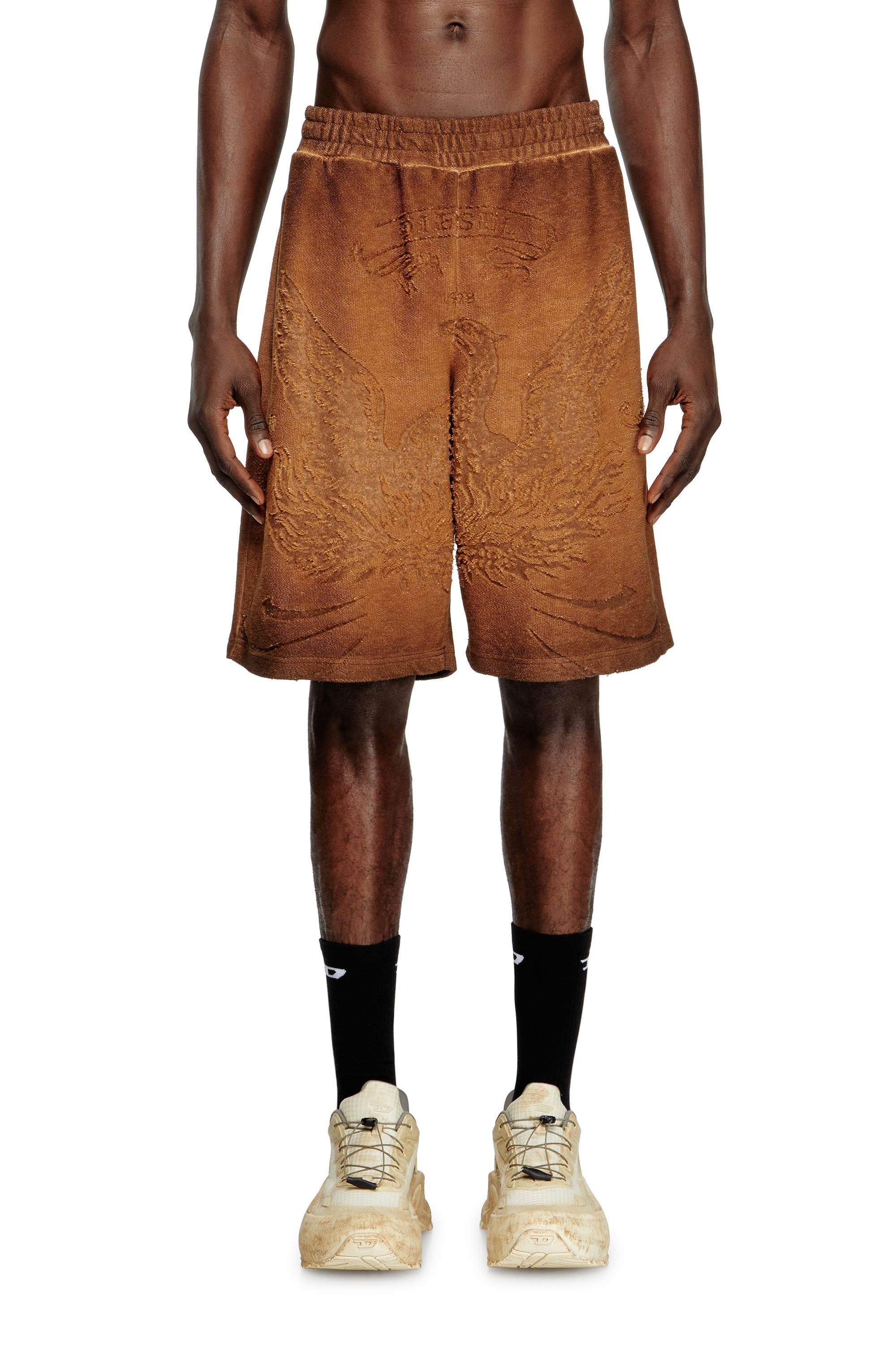 Diesel - P-CROWDE, Male's Sweat shorts with phoenix devoré in ブラウン - 1