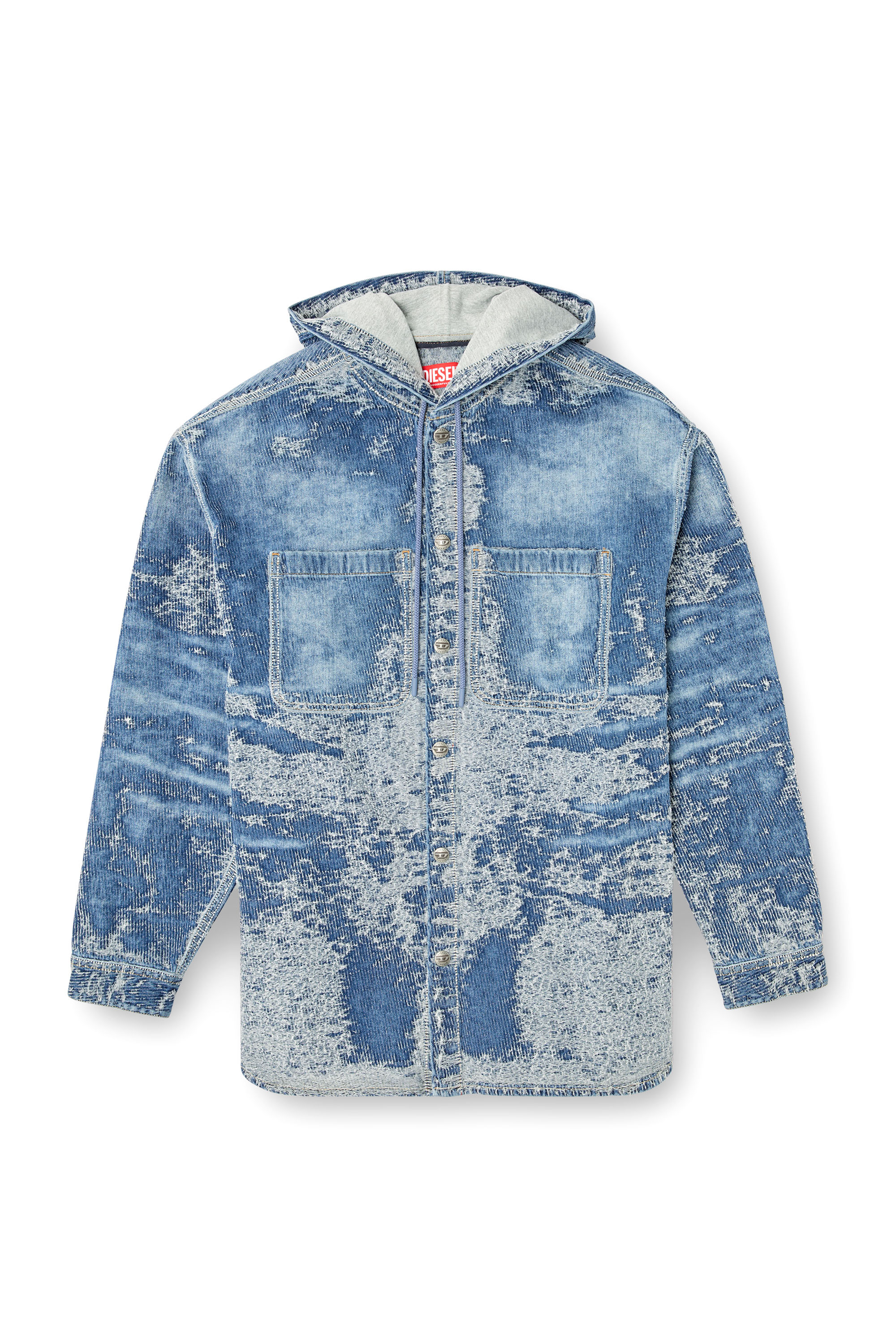 Diesel - D-DEWNYS-HOOD-S, Male's Overshirt in distressed jacquard denim in ミディアムブルー - 2