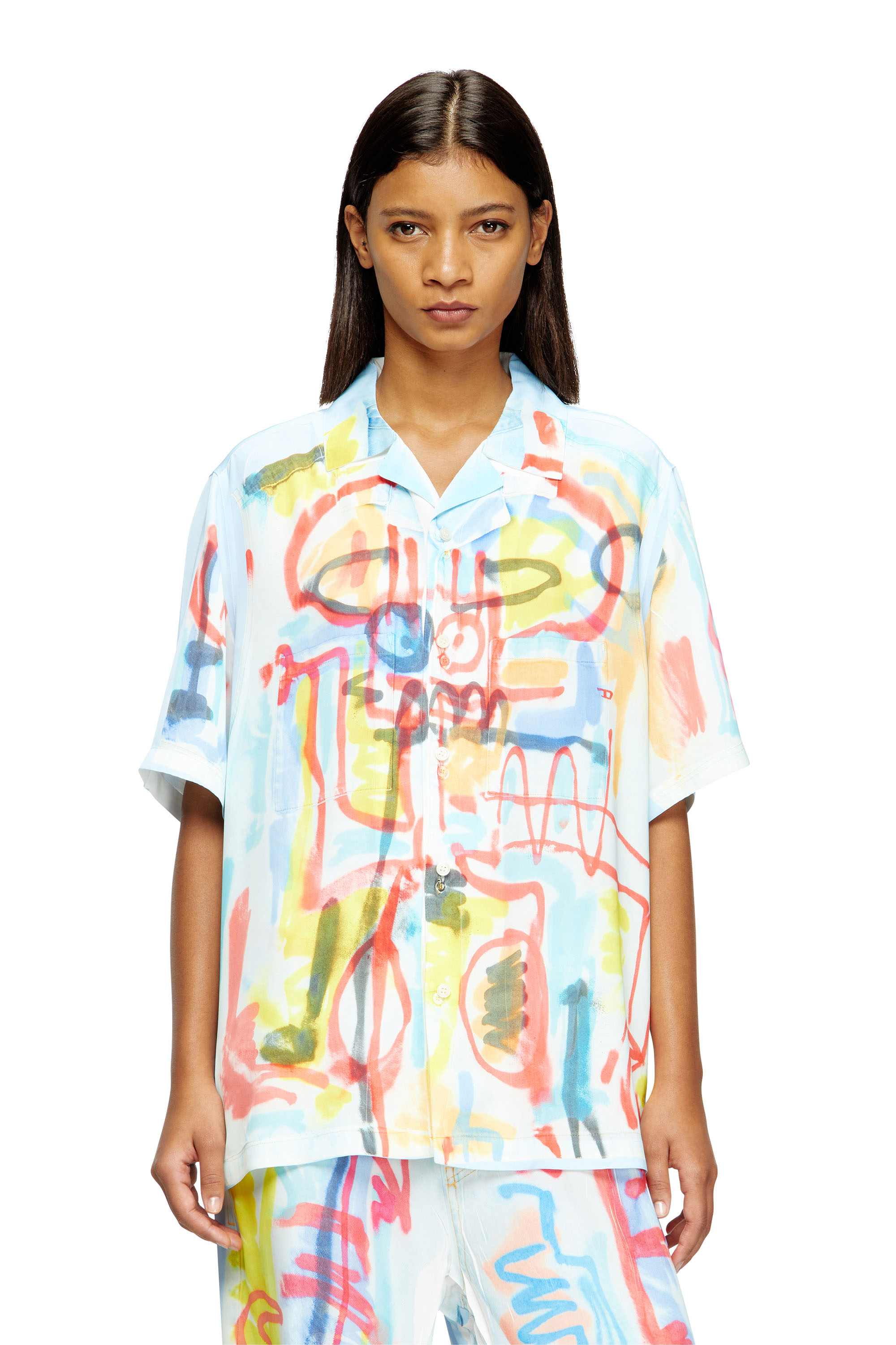Diesel - C-PAROSHORT-GRAFFITI-AFR, Unisex's Satin bowling shirt with graffiti print in ライトブルー - 5