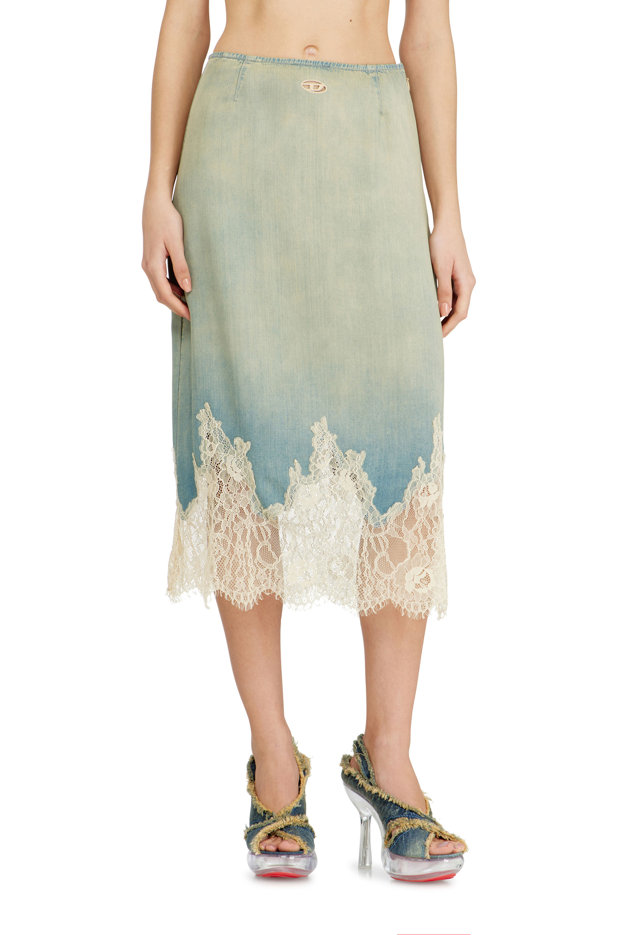 Diesel - DE-MERSY-S, Female's Midi skirt in denim and lace in ライトブルー - 3