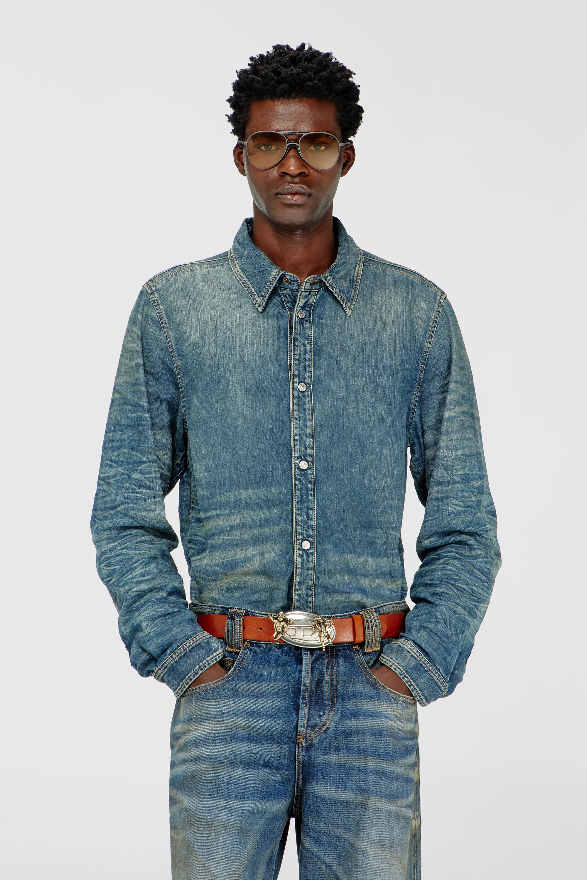 Diesel - D-SYNAR-FSJ4, Male's Shirt in dirty-effect creased denim in null - 1