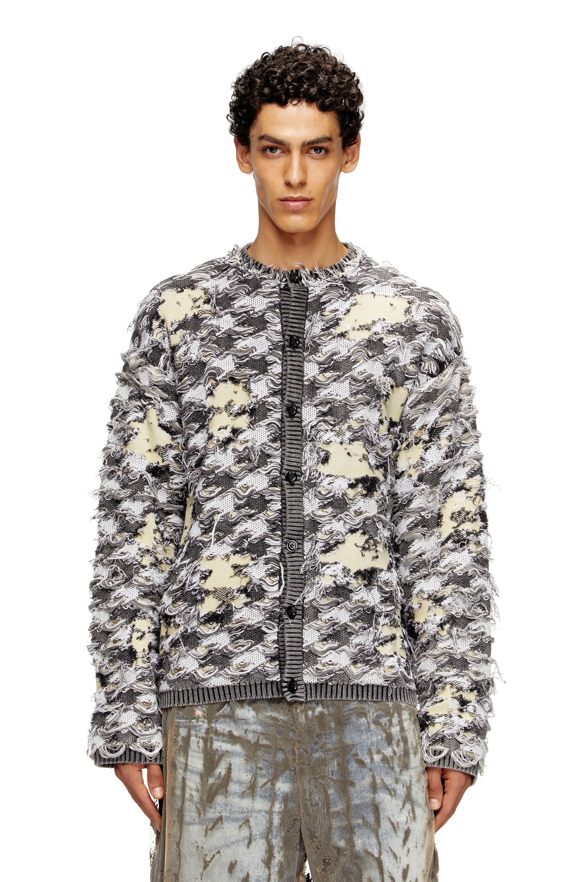 Diesel - K-VALBOR, Male's Cardigan in devor&eacute; houndstooth jacquard in ベージュ/グレー - 1