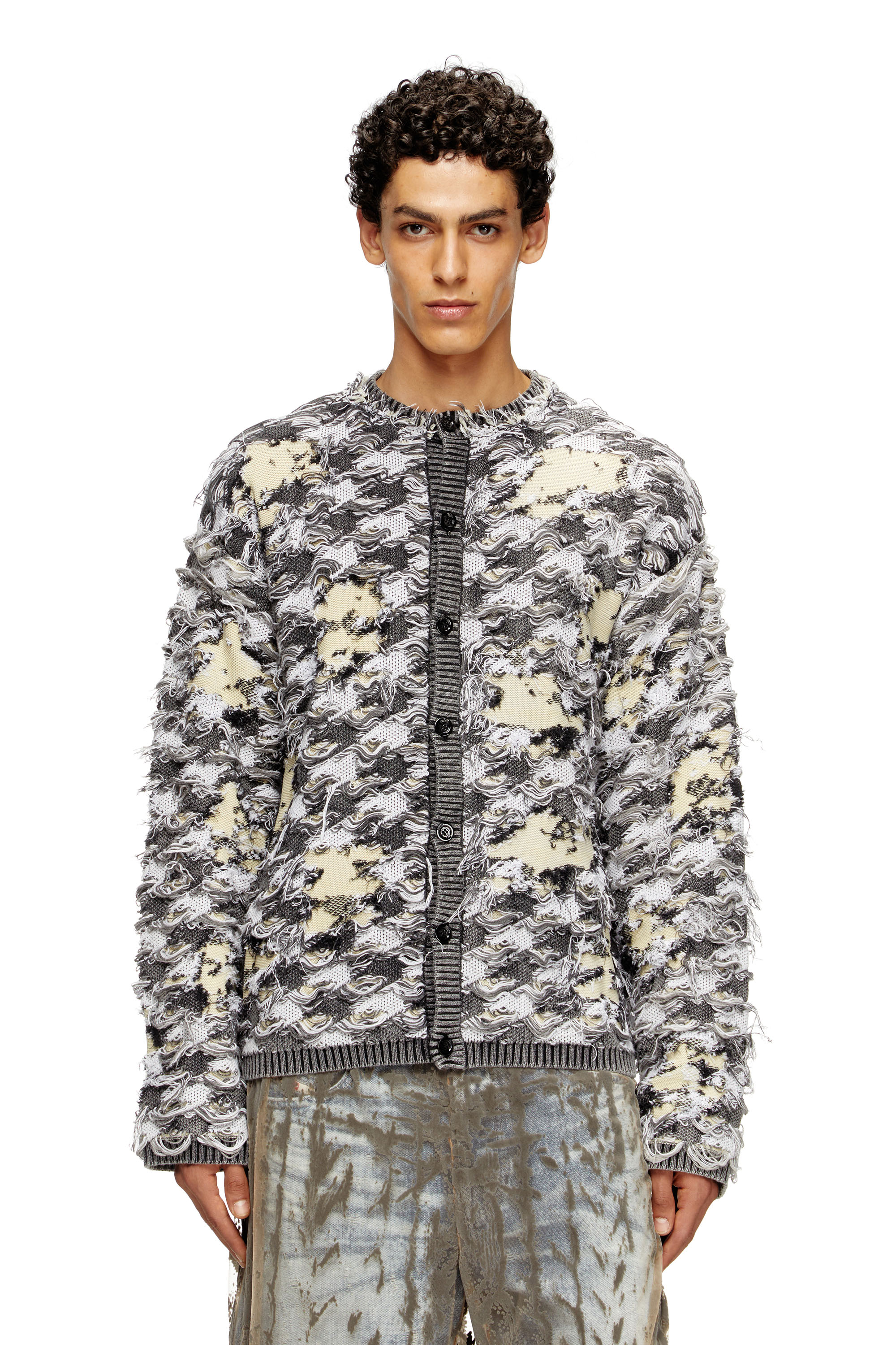 Diesel - K-VALBOR, Male's Cardigan in devor&eacute; houndstooth jacquard in ベージュ/グレー - 3
