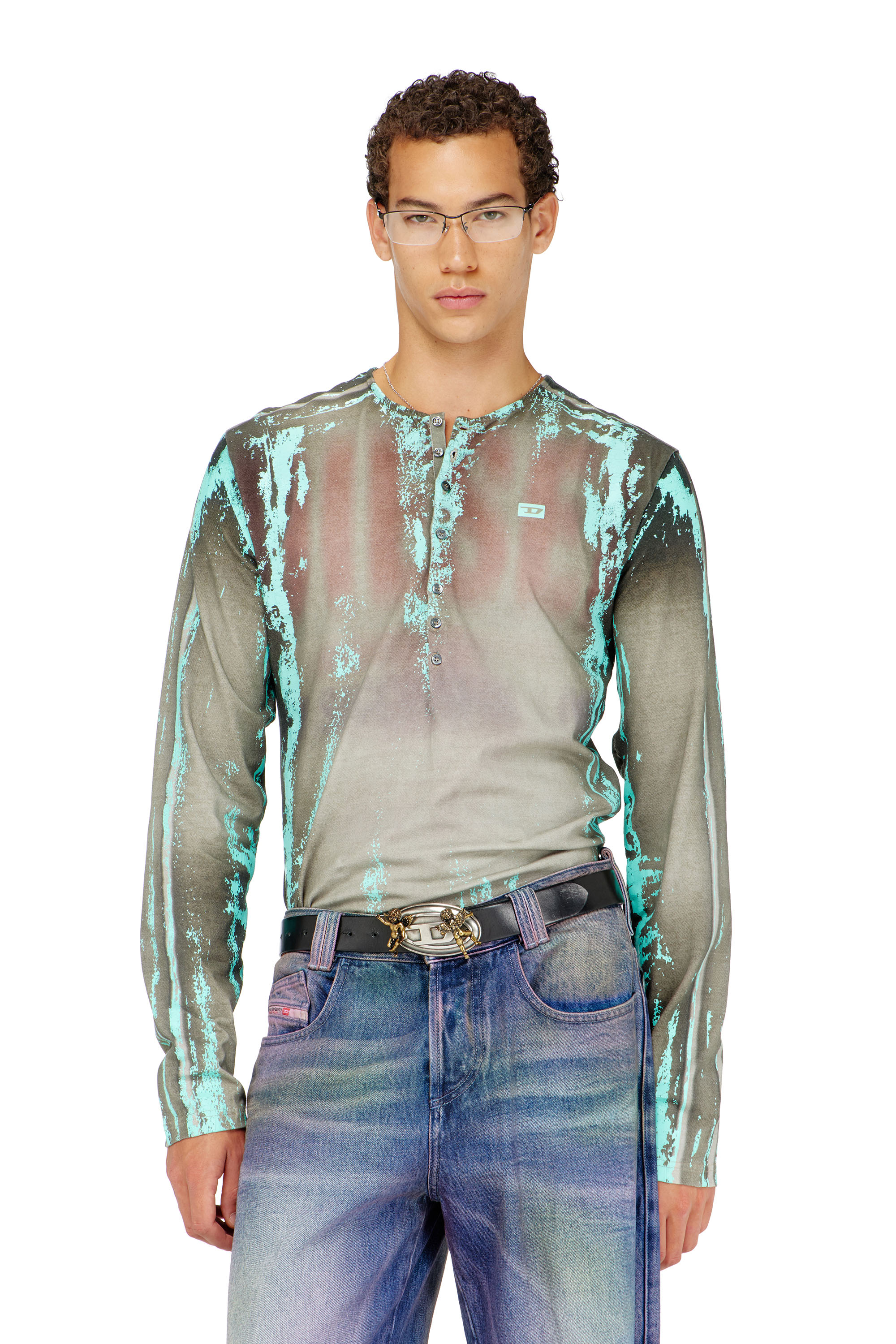 Diesel - T-FYNO-ML, Male's Grandad T-shirt in cracked leather-effect jersey in null - 2