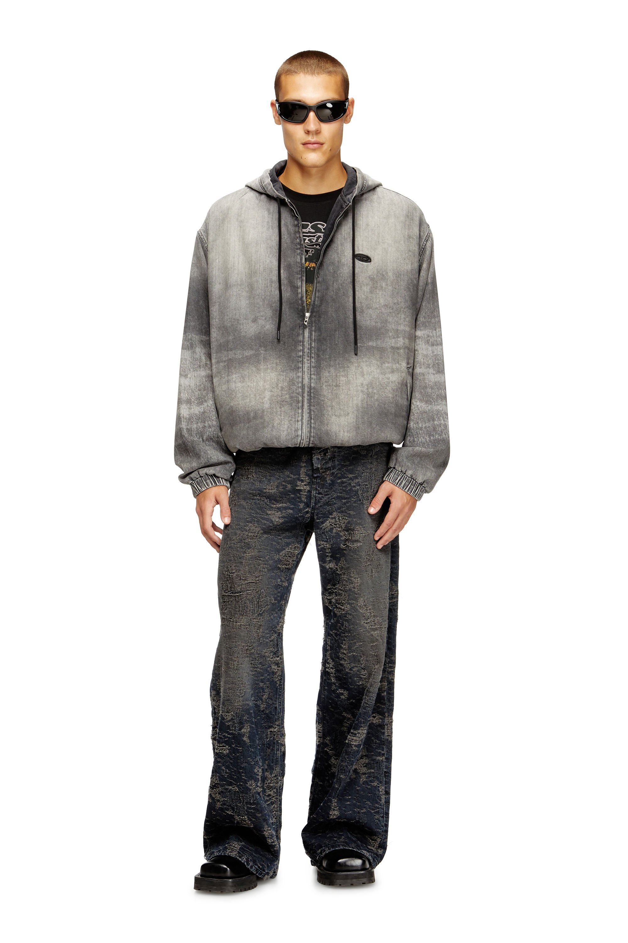 Diesel - D-OFFY-S, Unisex's Hooded jacket in marbled coated denim in ブラック/ダークグレー - 2
