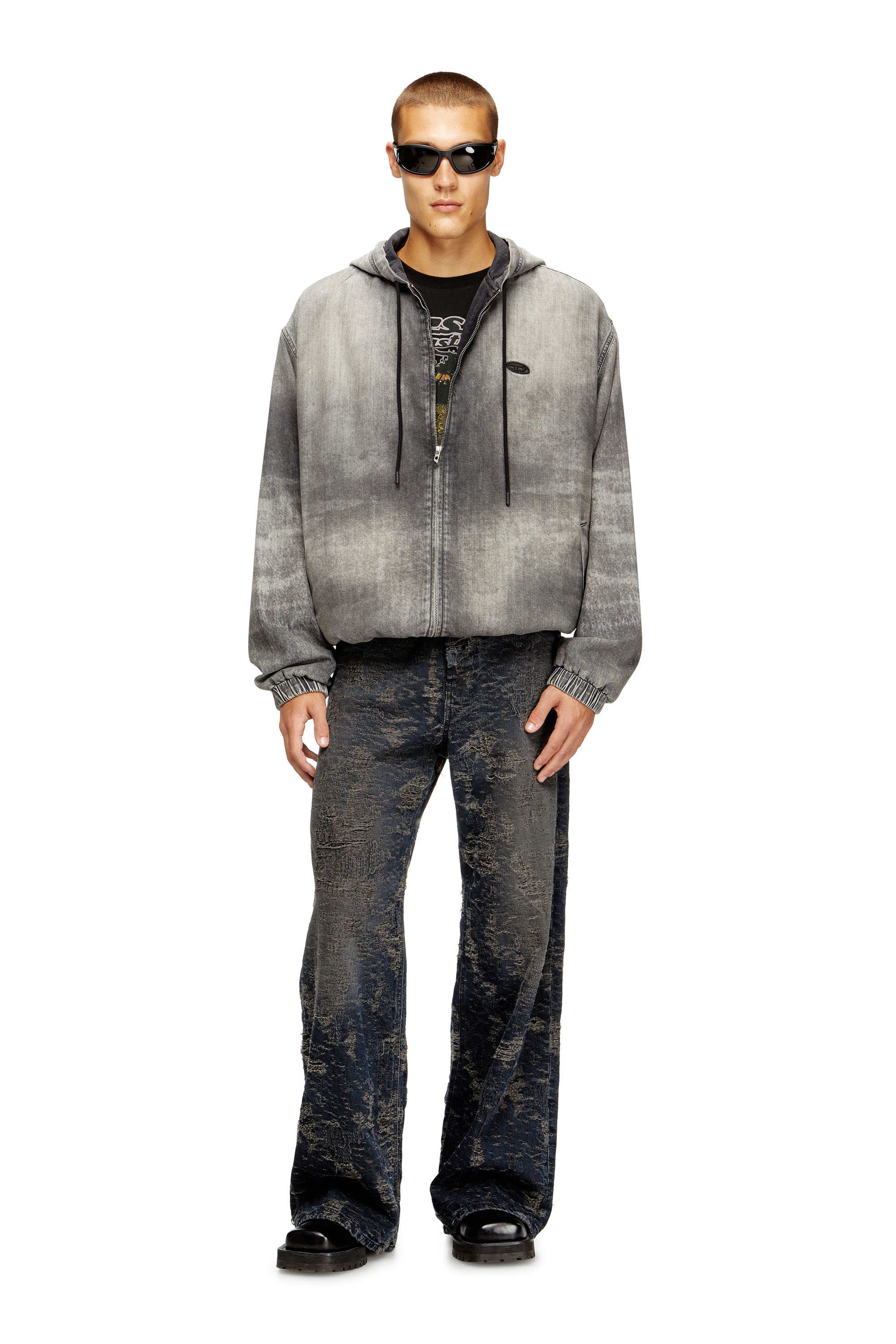 Diesel - D-OFFY-S, Unisex's Hooded jacket in marbled coated denim in ブラック/ダークグレー - 1