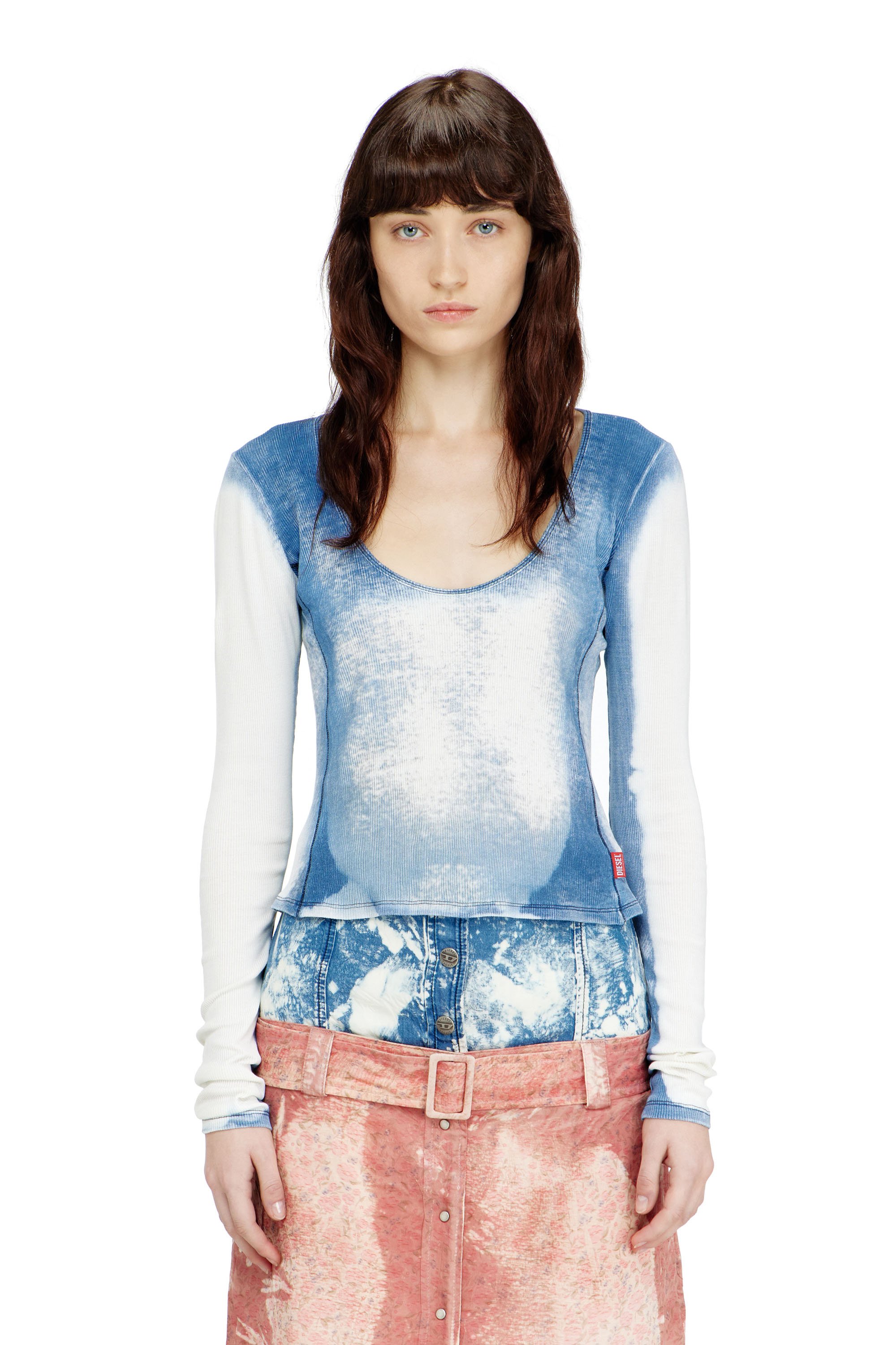 Diesel - T-ULIO, Female's Rib-jersey top with X-ray denim effect in ライトブルー - 1