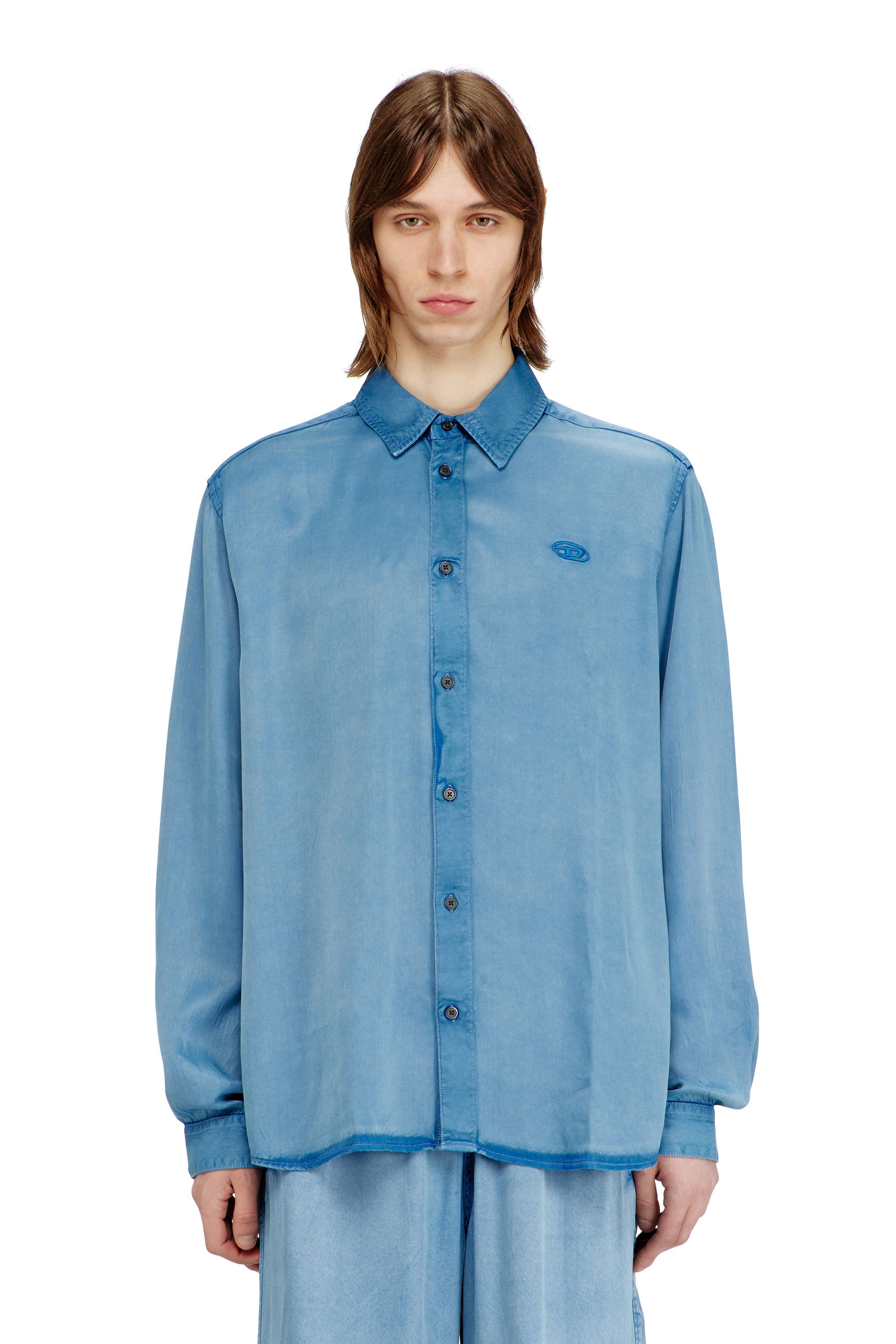 Diesel - S-HOLG, Male's Shirt in denim-effect satin in ライトブルー - 3