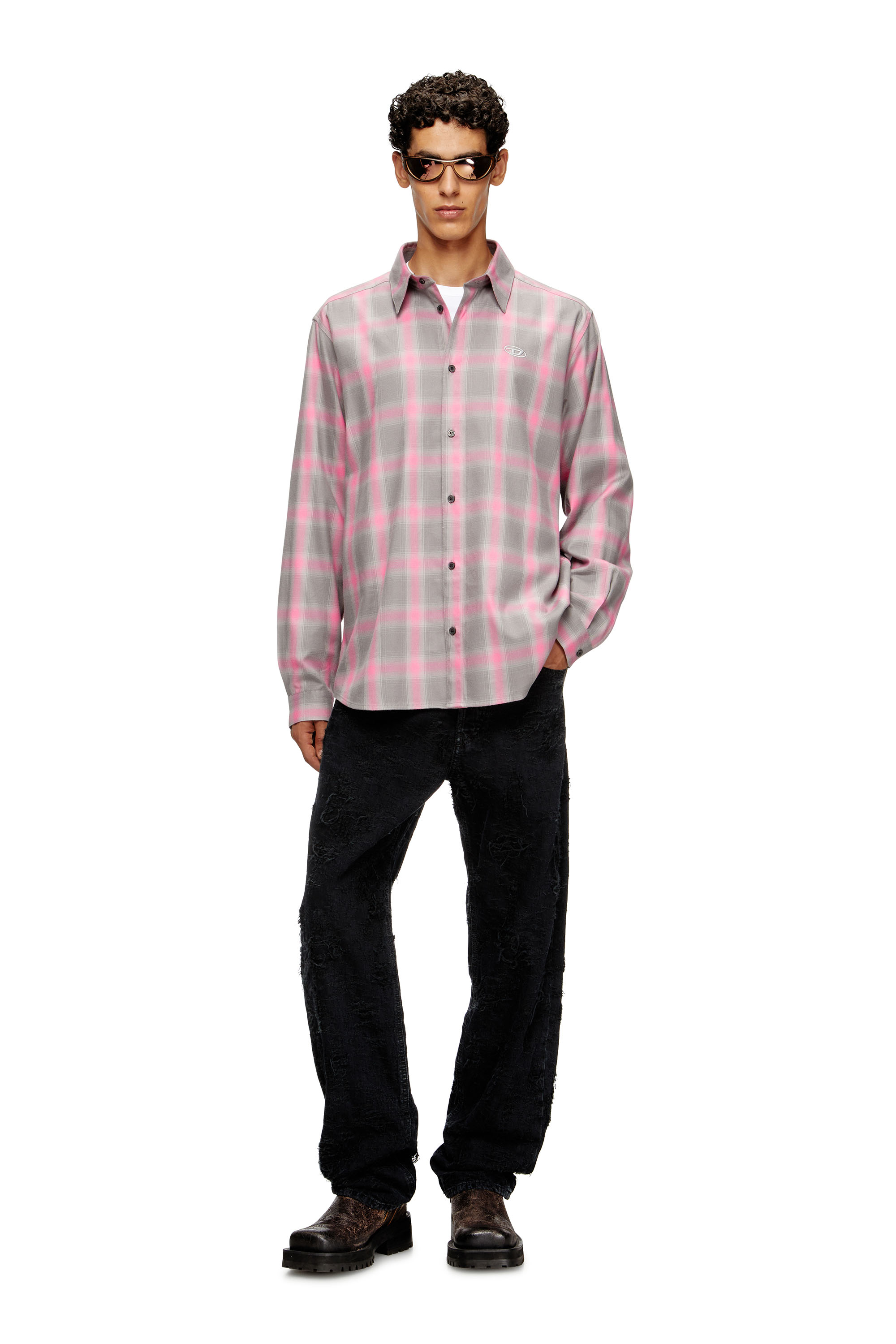 Diesel - S-SIMPLY-CHECK-HGBT, Male's 長袖シャツ in グレー/ピンク - 1