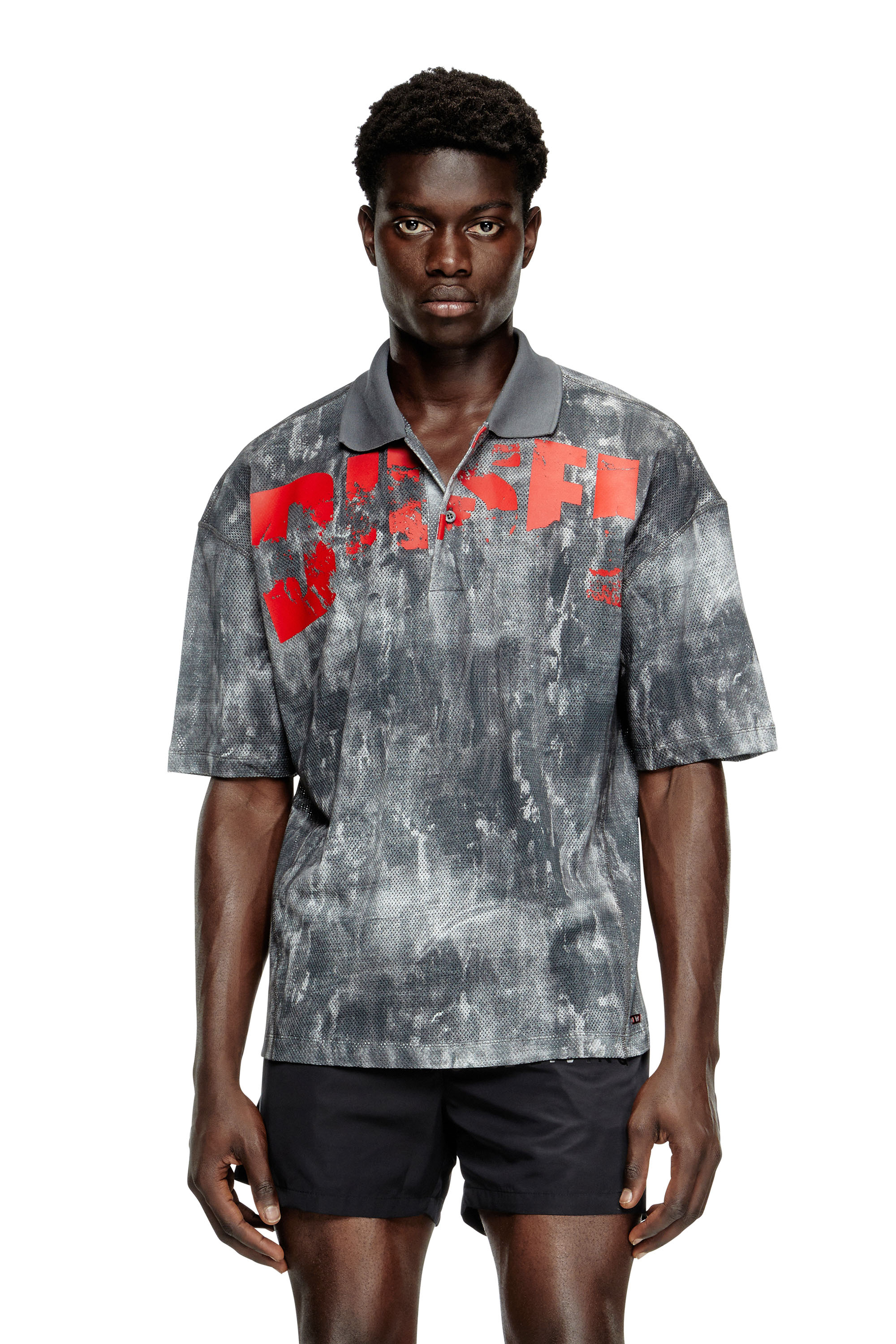 Diesel - TIMOTHEE-D-POP, Male's Beach polo shirt in printed mesh in ブラック/レッド - 1
