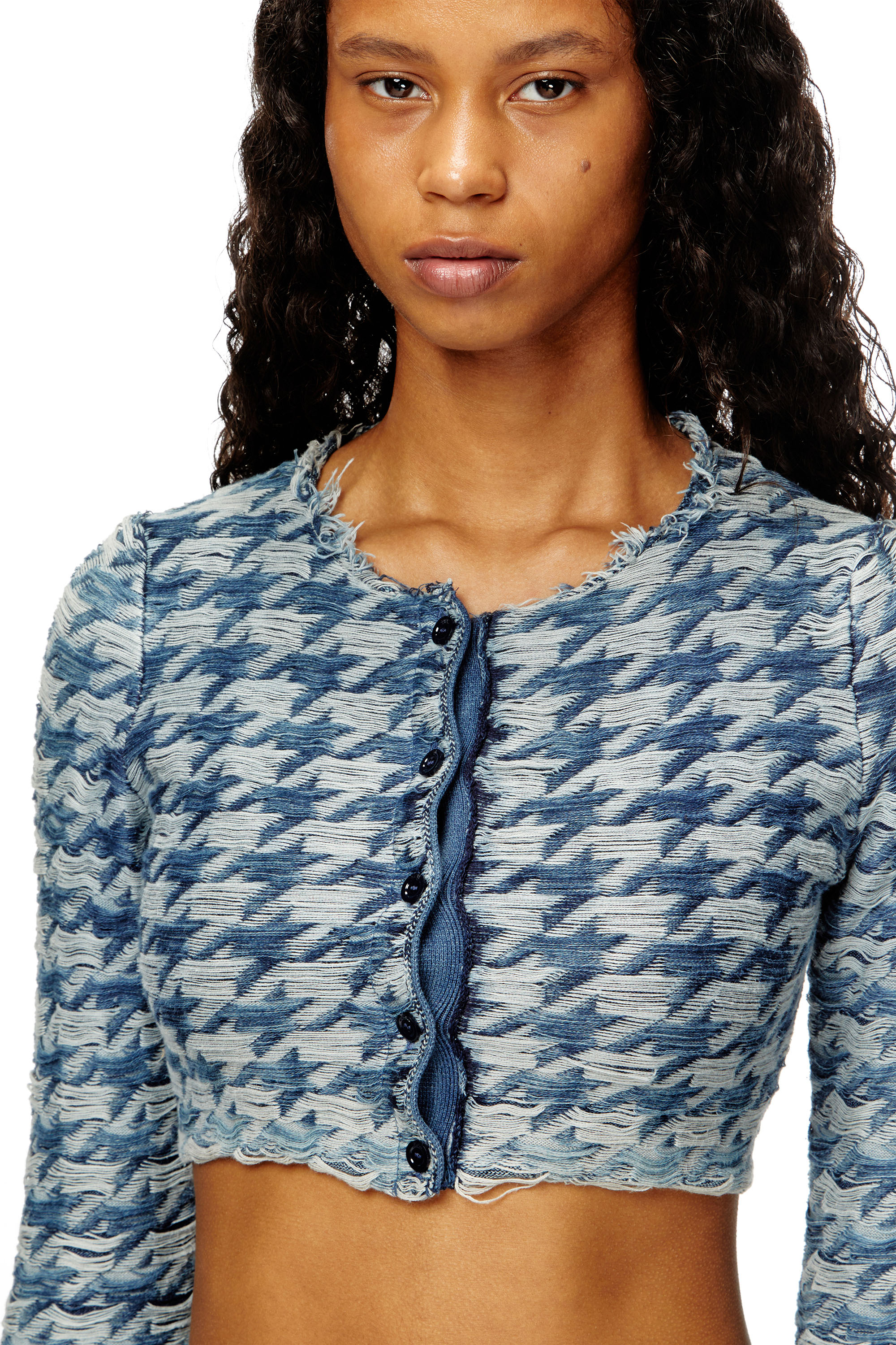 Diesel - M-HELLA, Female's Crop cardigan in denim-look houndstooth jacquard in ブルー - 4