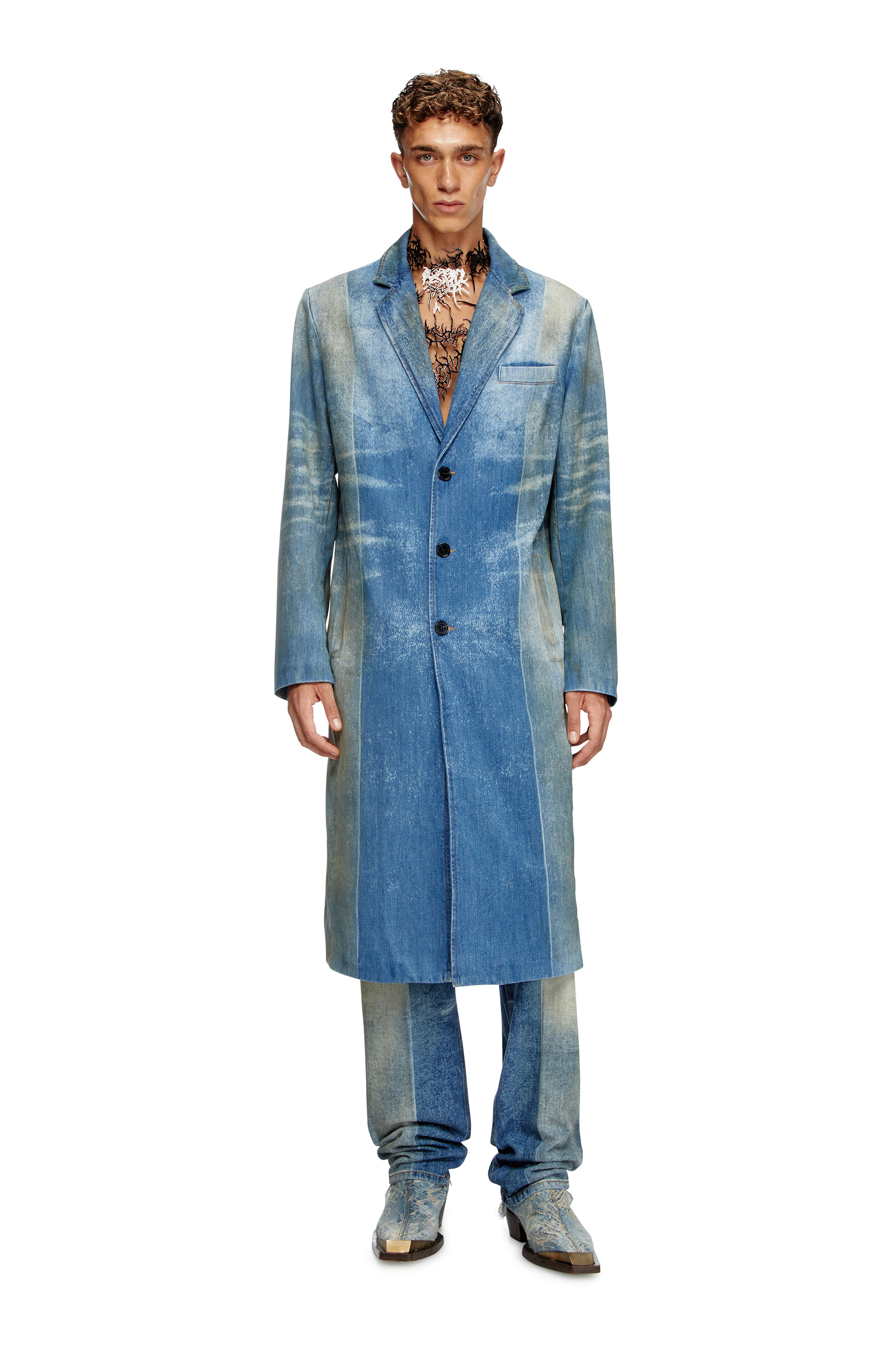D-BALZER-MID-FSF Denim coat with solarised folds｜ブルー