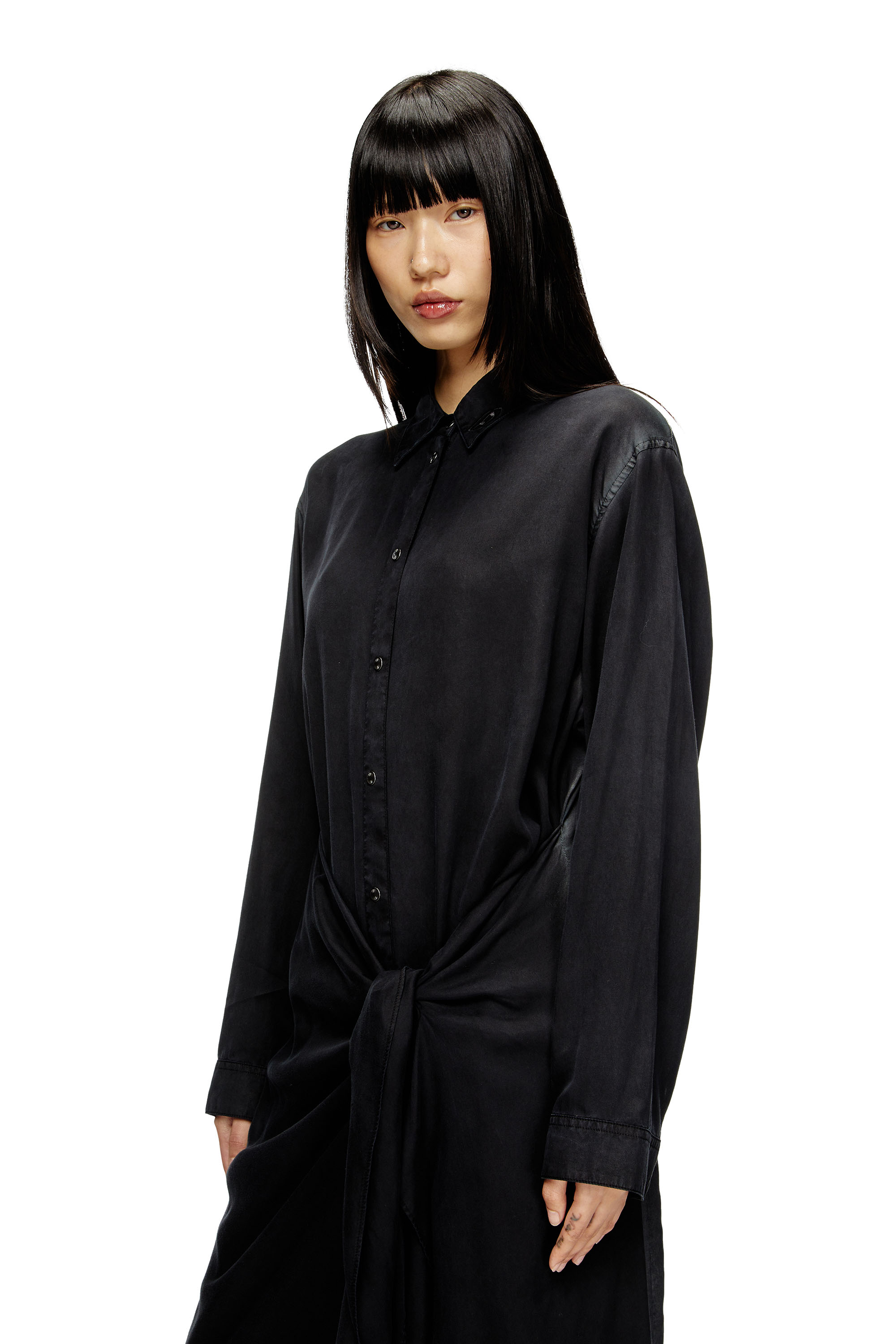 Diesel - D-ILETTA-R1, Female's Wrap shirt dress in treated twill in ブラック - 4